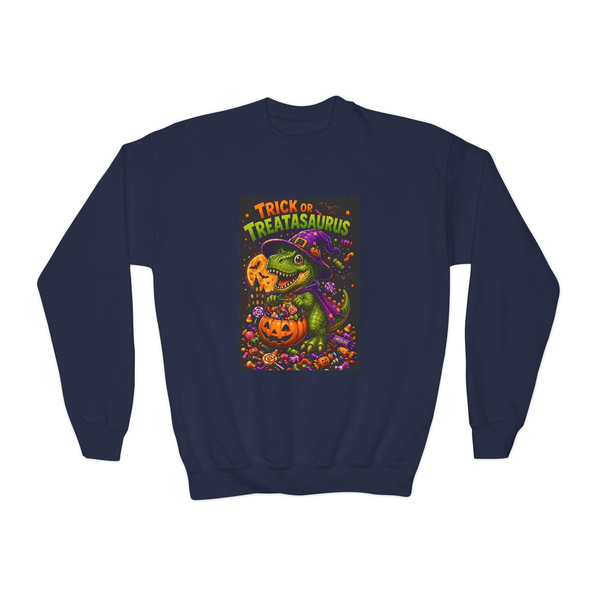 Youth Halloween Sweatshirt — "Trick or Treatasaurus" Dino Pumpkin Crewneck