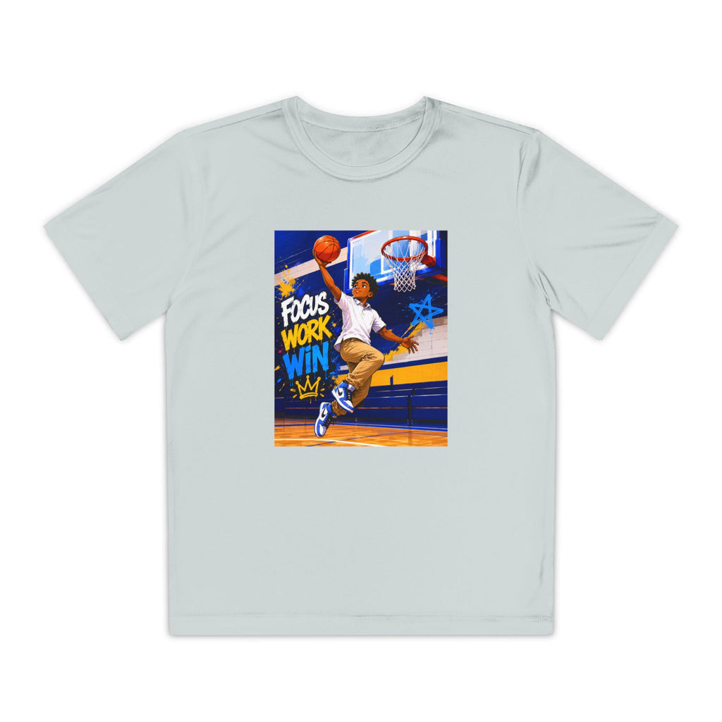 Youth Basketball Tee, Back to School — "Focus Work Win" Personalized Name Jersey
