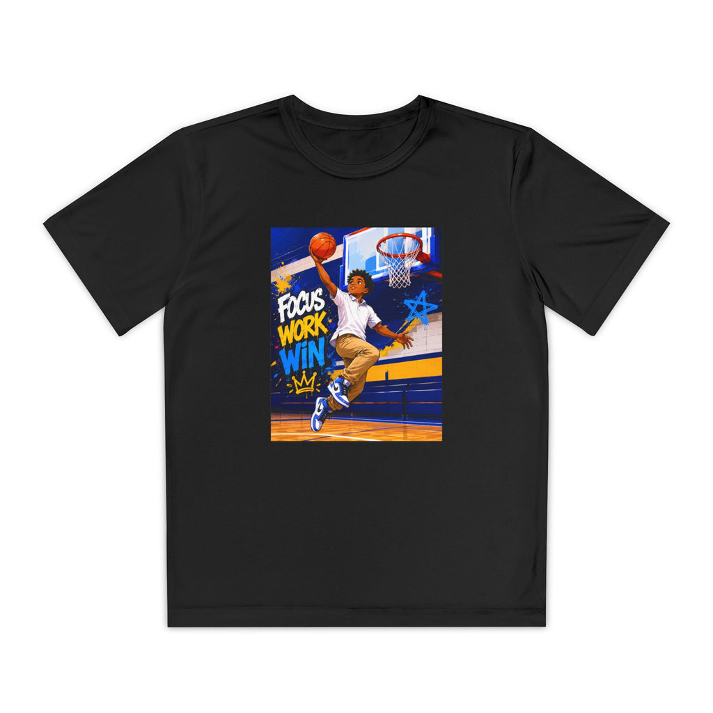 Youth Basketball Tee, Back to School — "Focus Work Win" Personalized Name Jersey