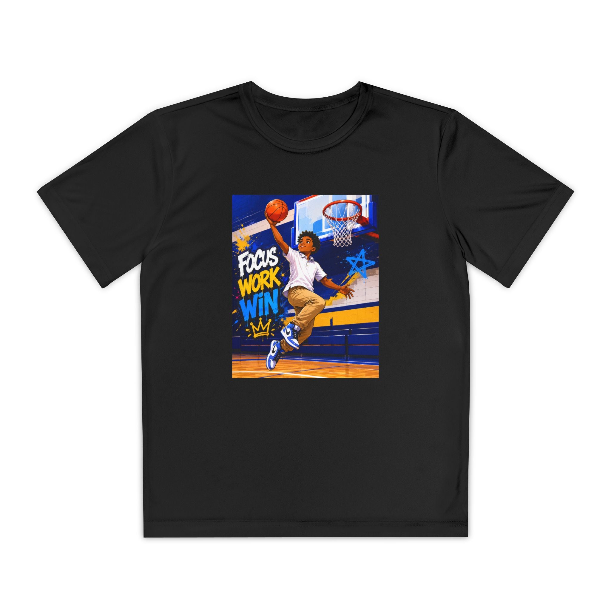 Youth Basketball Tee, Back to School — "Focus Work Win" Personalized Name Jersey