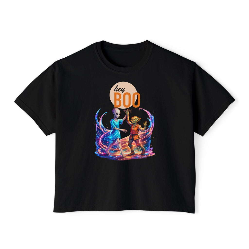 Hey Boo Halloween Tee — Outer Space Dance Couple Graphic Boxy Tee
