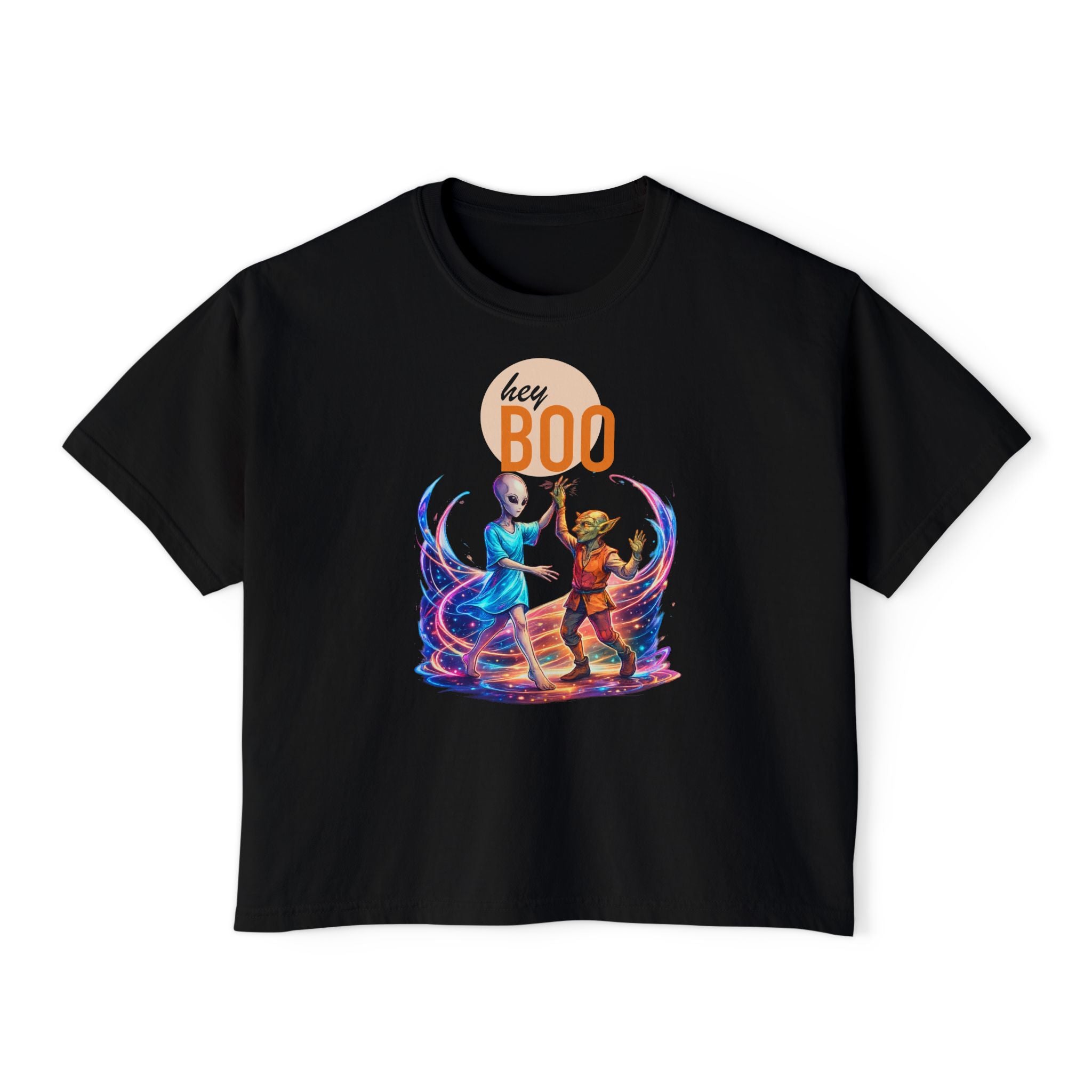 Hey Boo Halloween Tee — Outer Space Dance Couple Graphic Boxy Tee