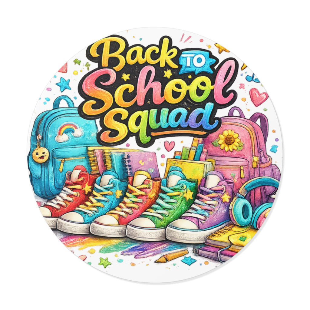 Teacher Back to School Squad Round Vinyl Sticker — Colorful Sneakers & Backpacks