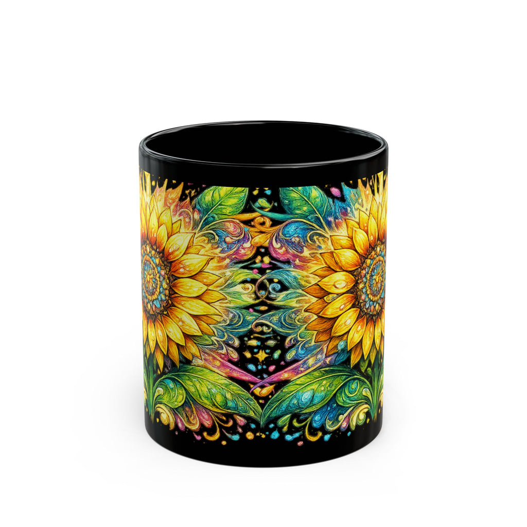 Sunflower Mandala Black Mug — Vibrant Floral Coffee Cup (11oz & 15oz)