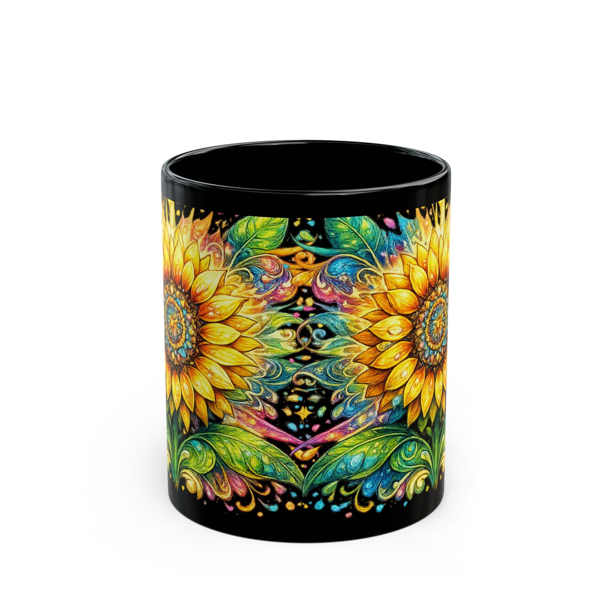 Sunflower Mandala Black Mug — Vibrant Floral Coffee Cup (11oz & 15oz)