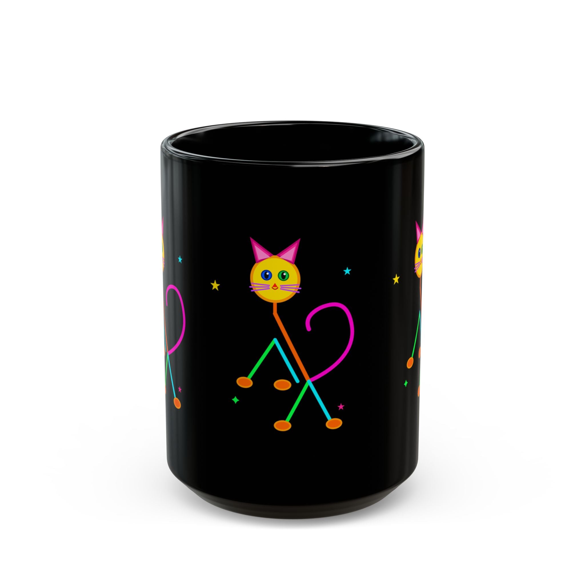 Neon Cat Black Mug — Colorful Retro Cat Coffee Cup (11oz/15oz)