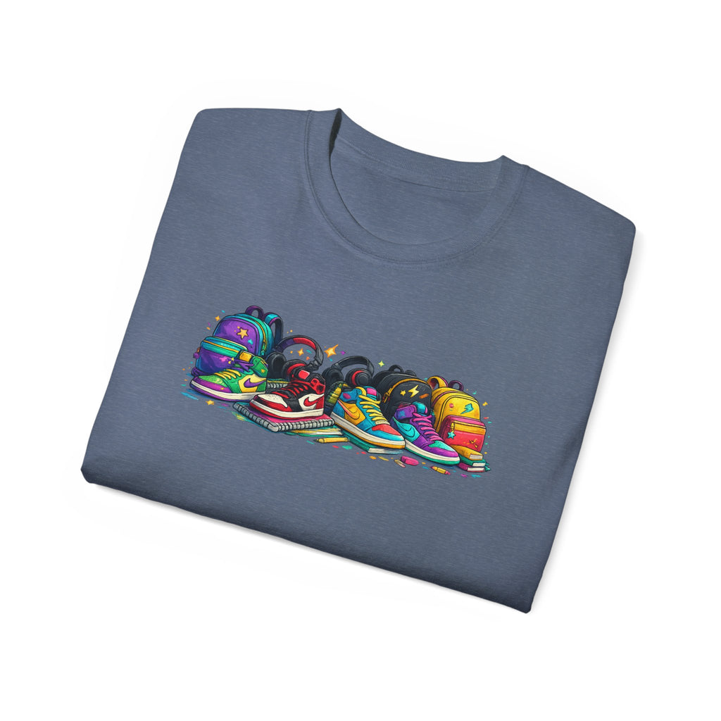 Colorful Sneaker Stack Tee — Graphic Shoe & Backpack Illustration T‑Shirt