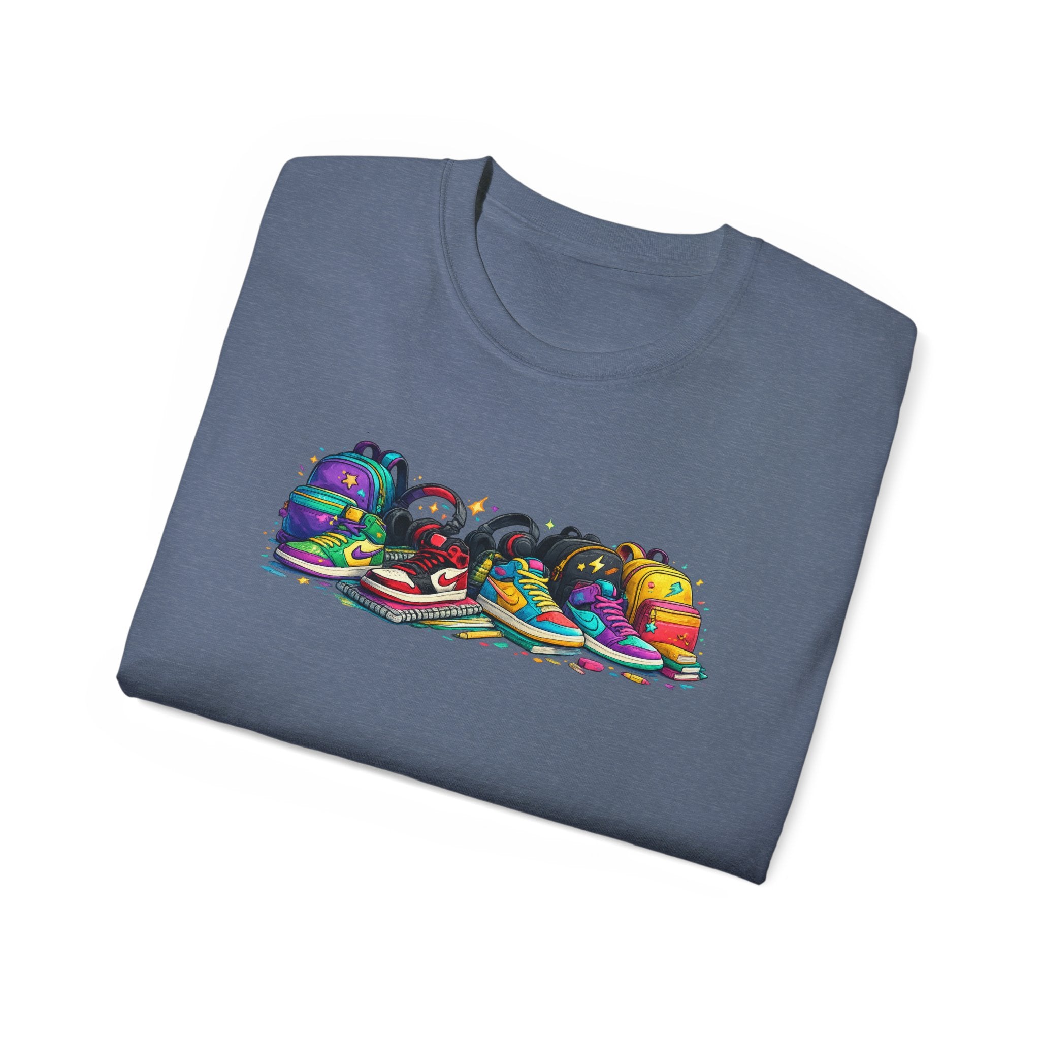 Colorful Sneaker Stack Tee — Graphic Shoe & Backpack Illustration T‑Shirt