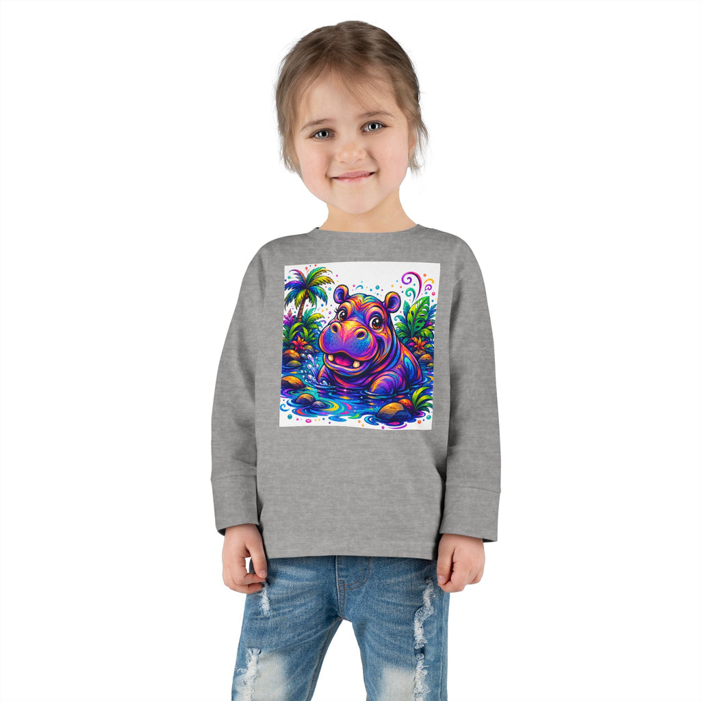 Colorful Hippo Toddler Long Sleeve Tee — Vibrant Jungle Animal Shirt for Kids