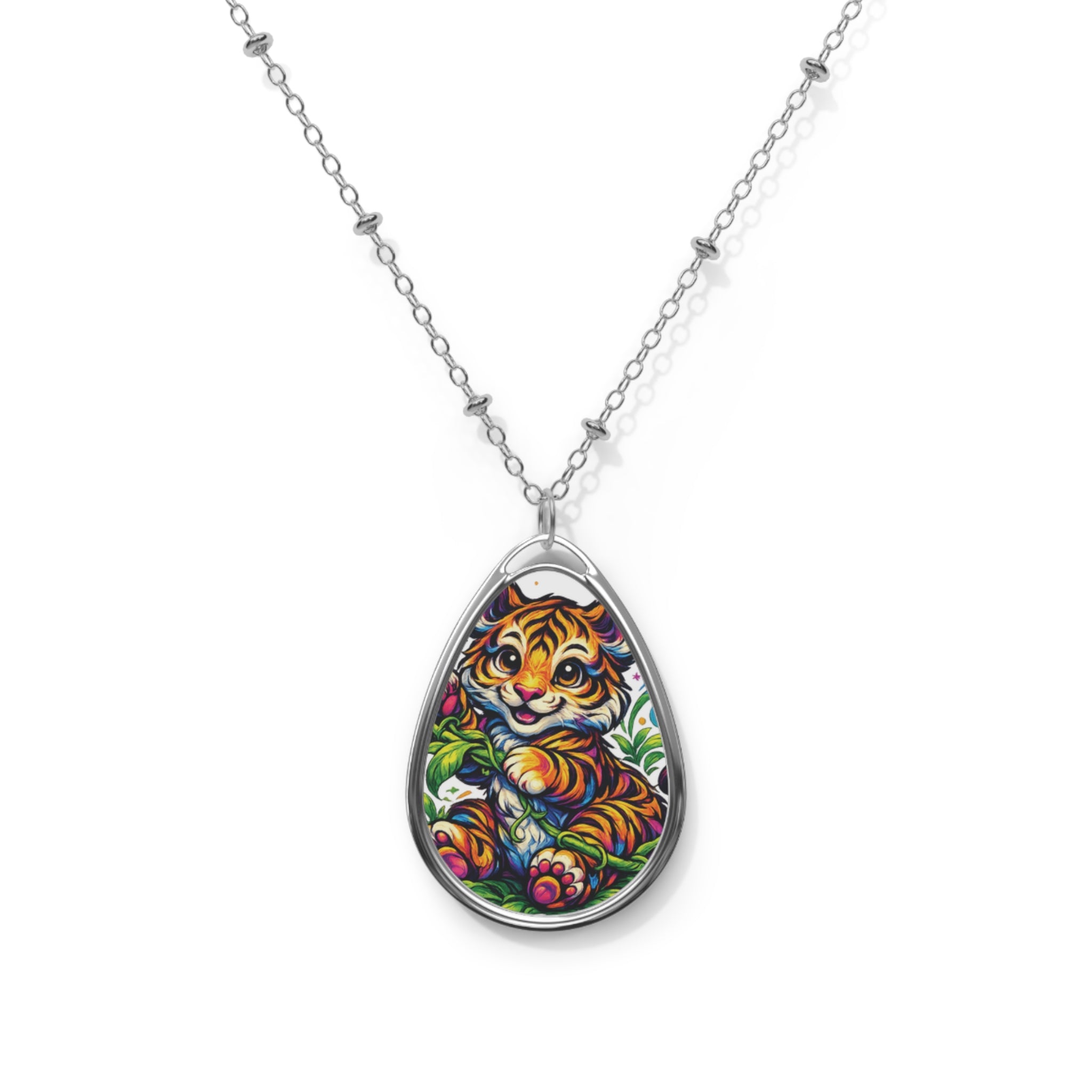 Oval Necklace — Colorful Tiger Teardrop Pendant Necklace