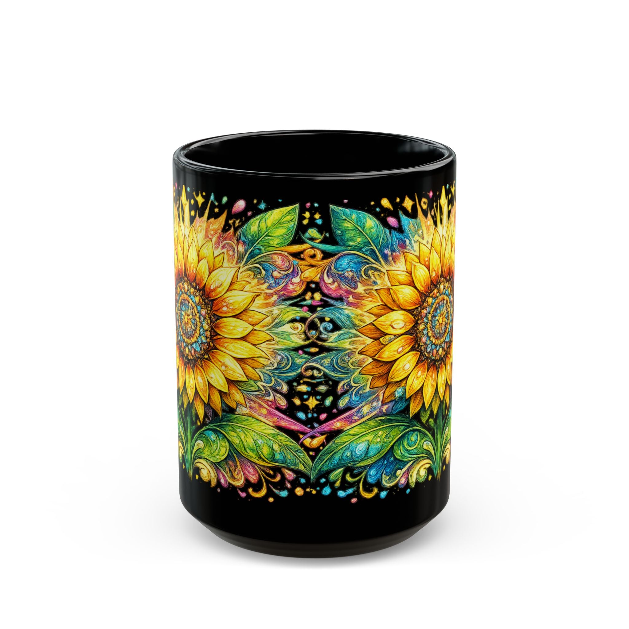 Sunflower Mandala Black Mug — Vibrant Floral Coffee Cup (11oz & 15oz)