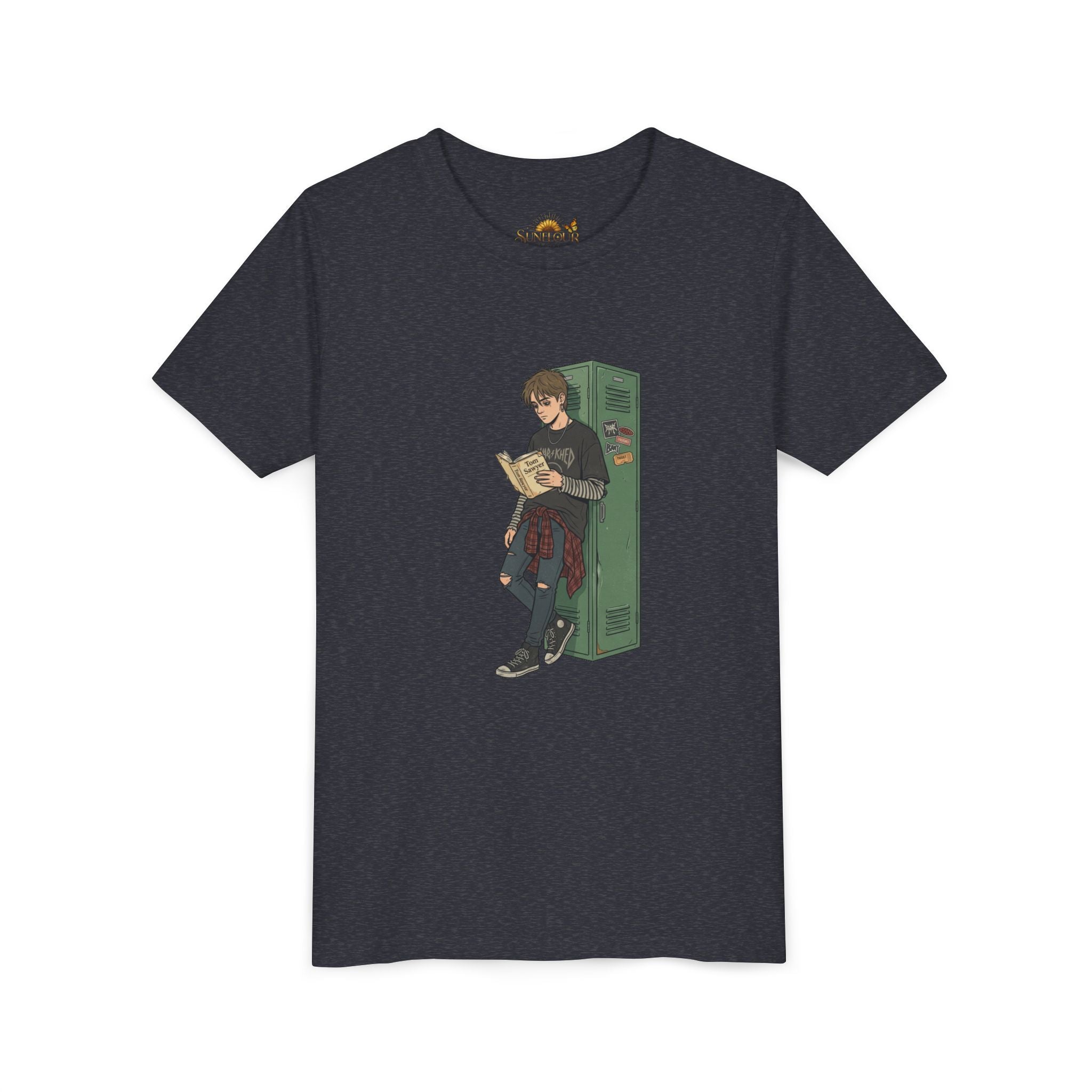 Youth Graphic Tee — Teen Boy Reading by Locker Illustration