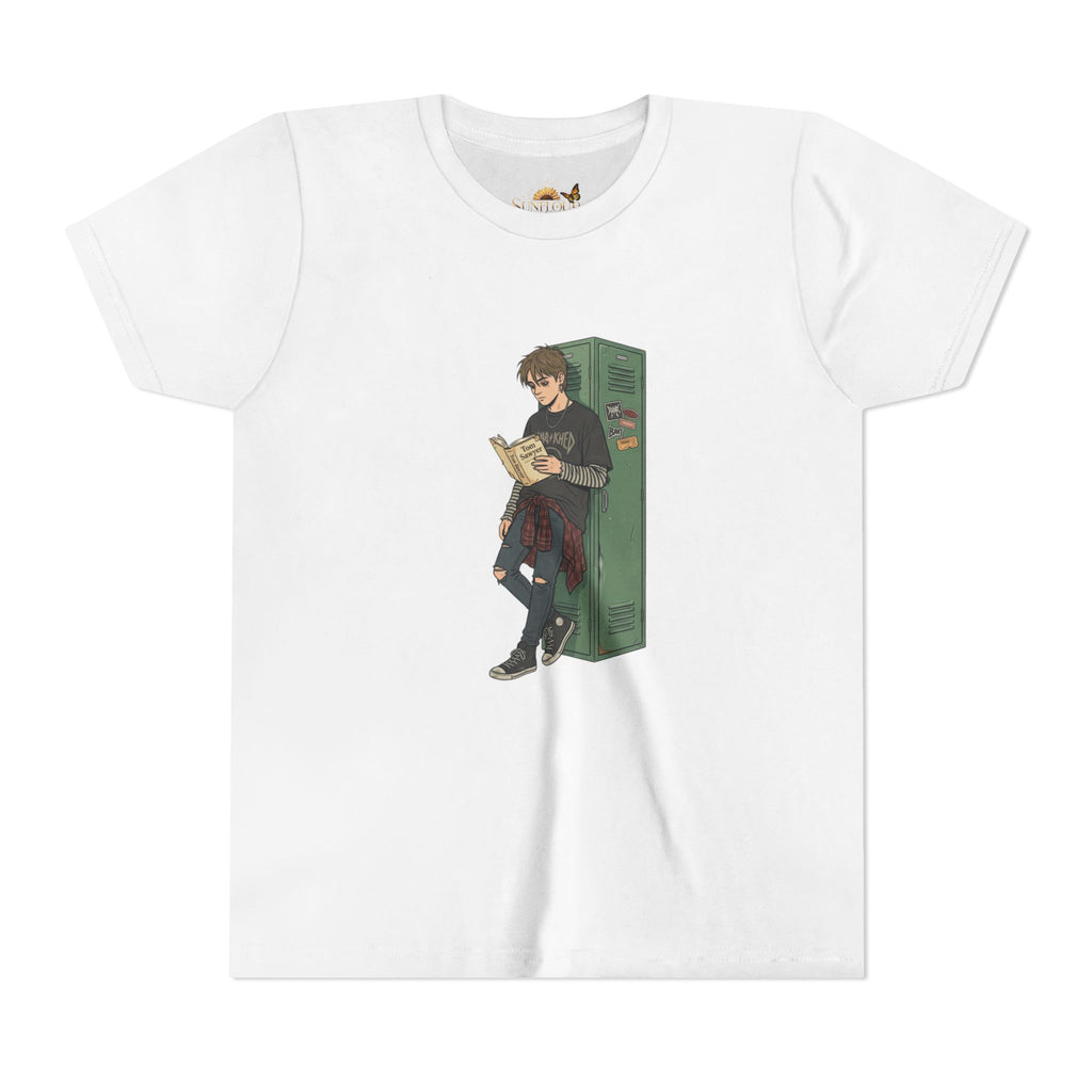 Youth Graphic Tee — Teen Boy Reading by Locker Illustration