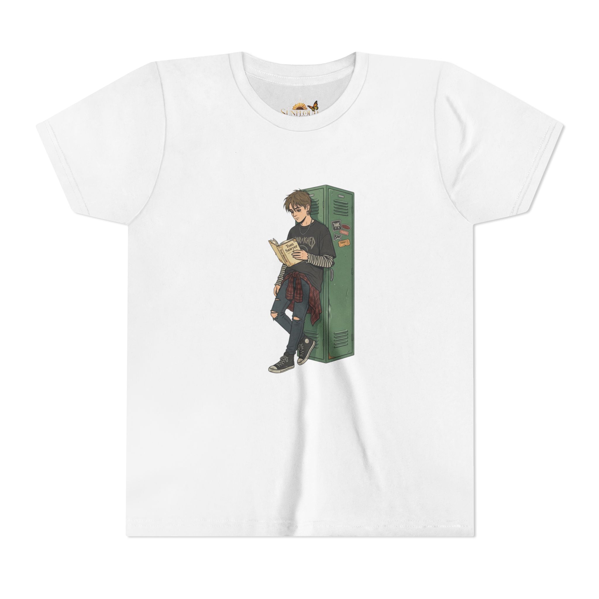 Youth Graphic Tee — Teen Boy Reading by Locker Illustration