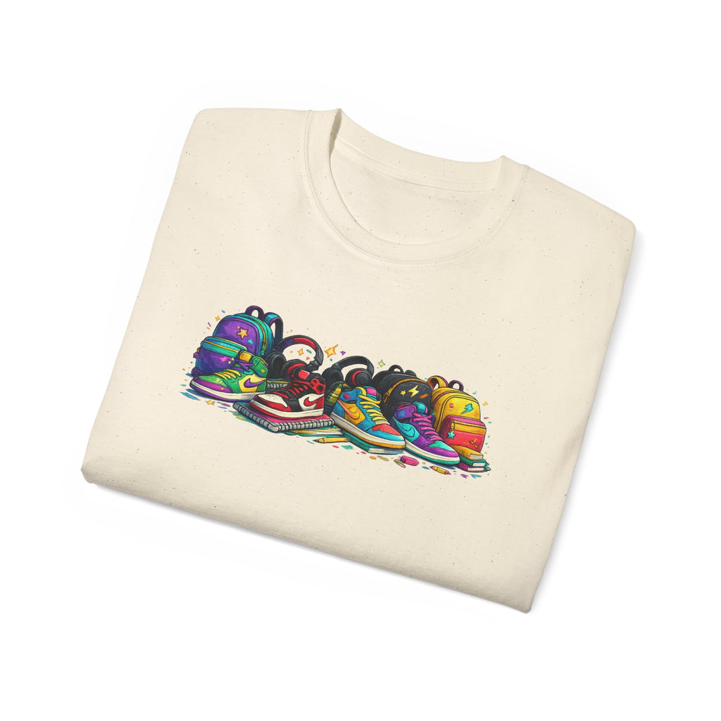 Colorful Sneaker Stack Tee — Graphic Shoe & Backpack Illustration T‑Shirt