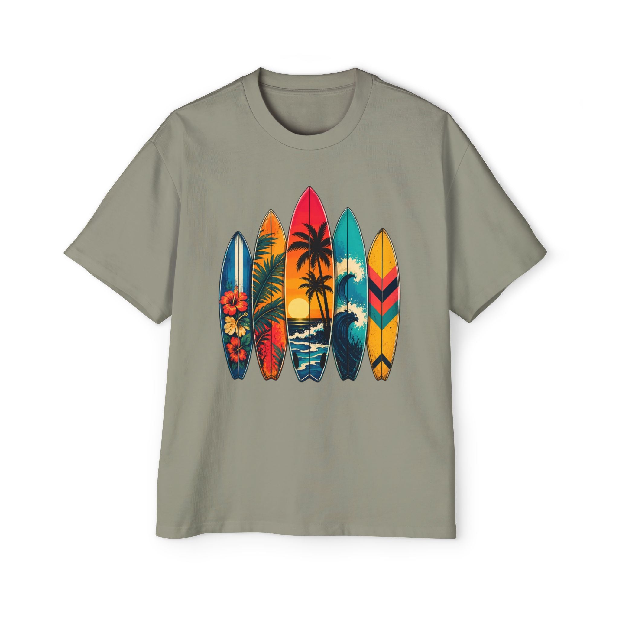 Surfboard Graphic Tee — Vintage Tropical Beach Shirt for Men