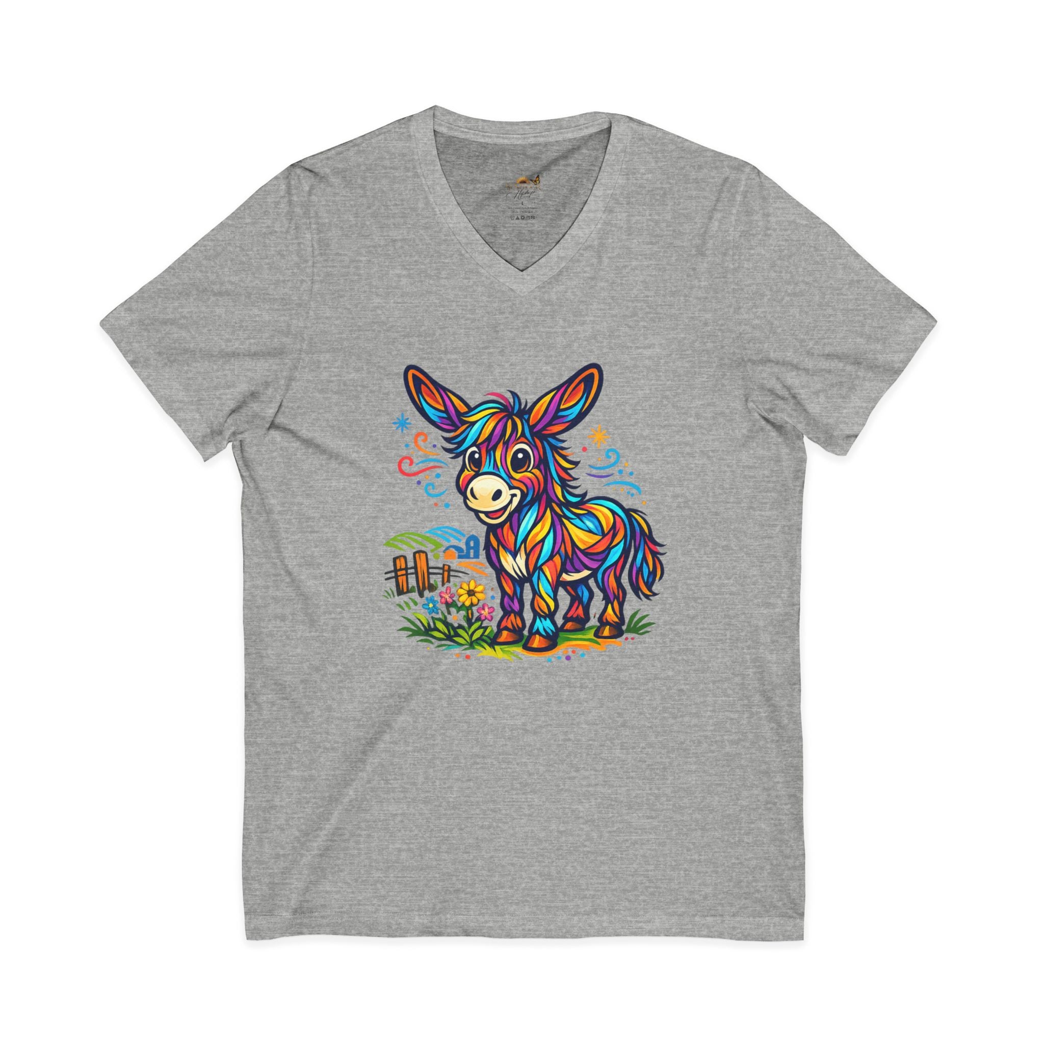 Colorful Donkey V-Neck Tee — Whimsical Farm Animal Graphic Shirt