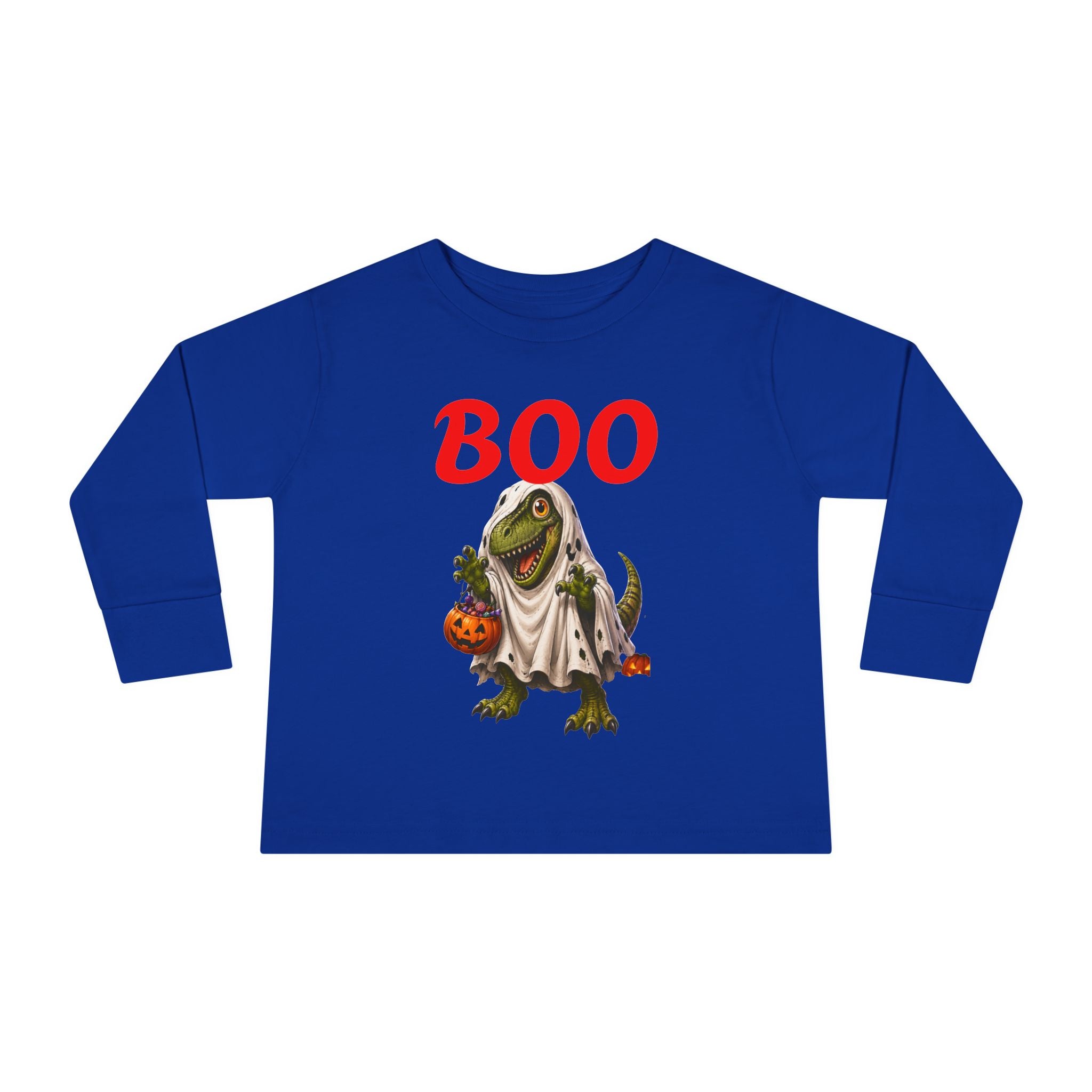 Halloween Toddler Long Sleeve Tee — Cute Dinosaur Ghost "BOO!" Halloween Shirt