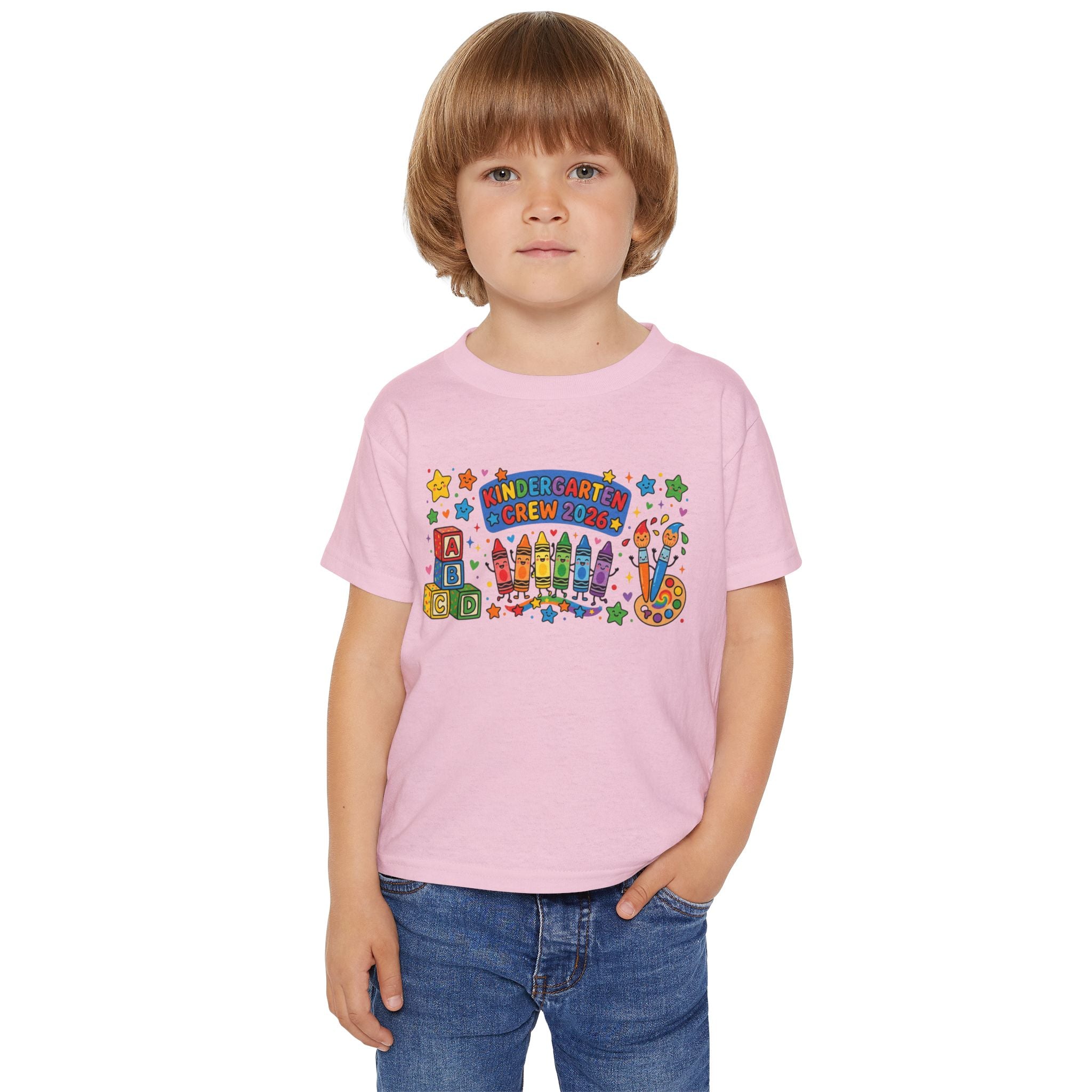 Toddler T-Shirt — "Kindergarten Crew 2026" Colorful Crayons & Blocks Back-to-School Tee