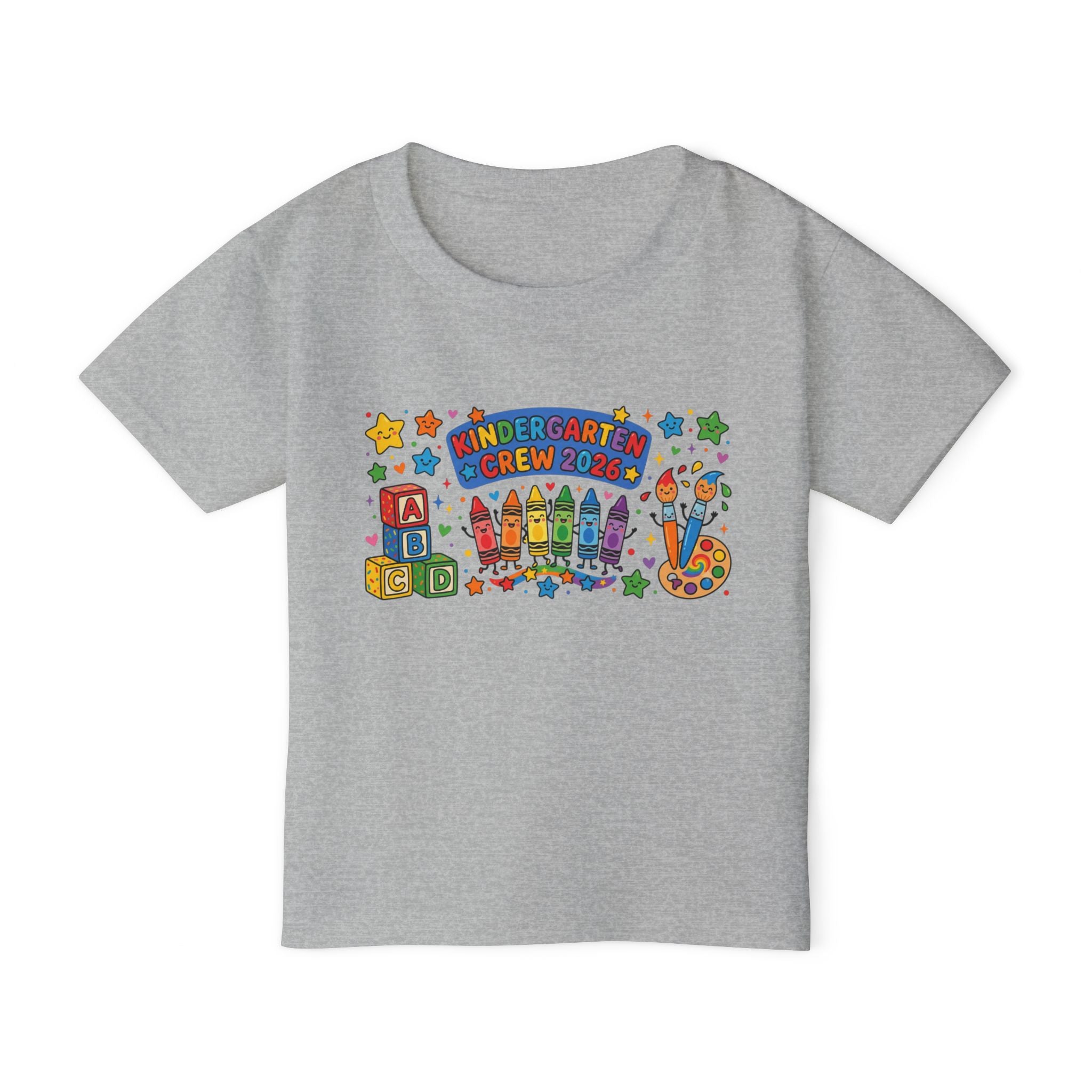 Toddler T-Shirt — "Kindergarten Crew 2026" Colorful Crayons & Blocks Back-to-School Tee