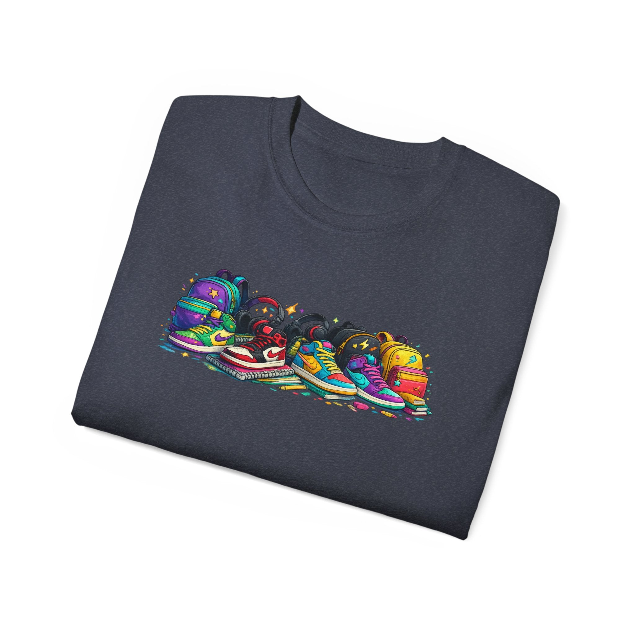 Colorful Sneaker Stack Tee — Graphic Shoe & Backpack Illustration T‑Shirt