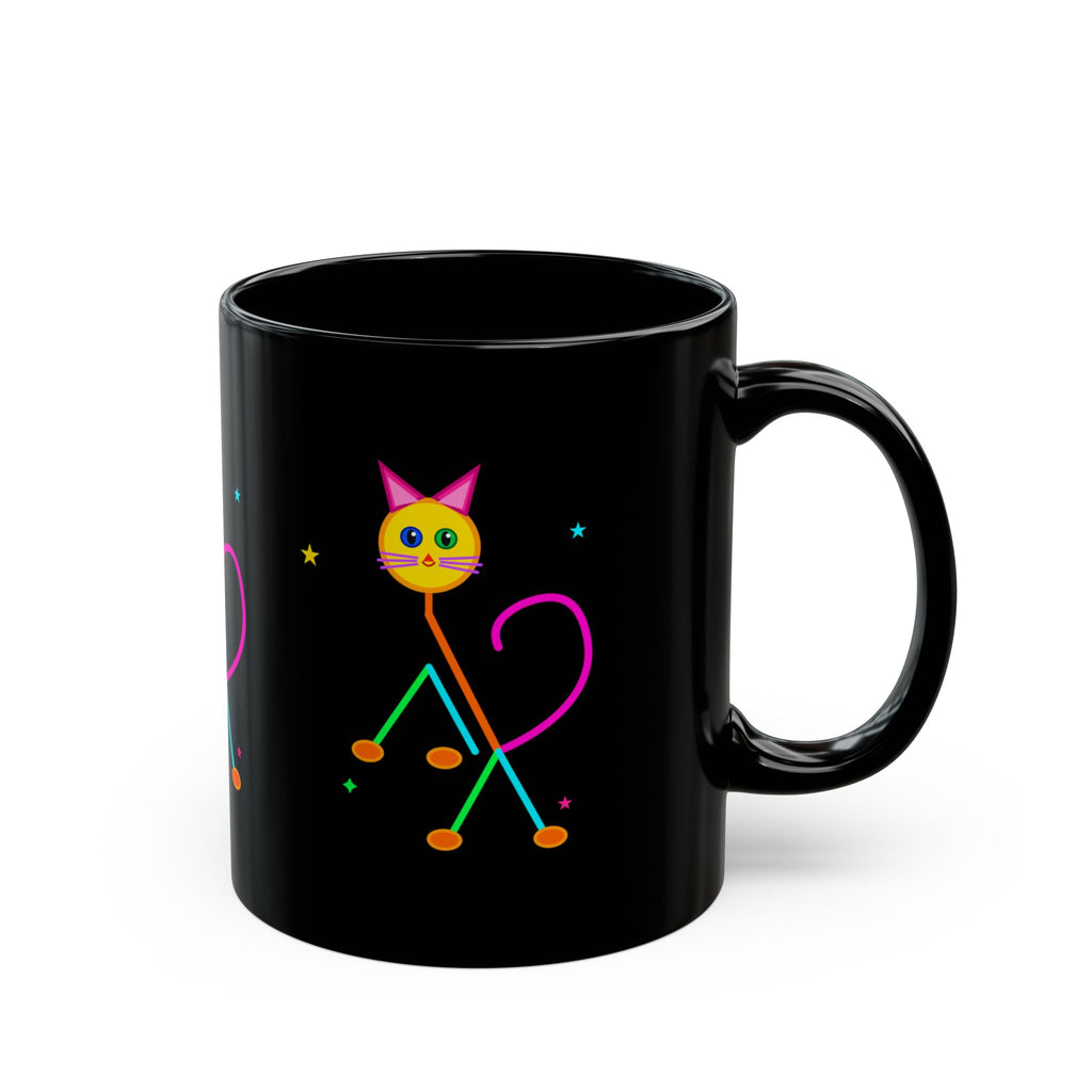Neon Cat Black Mug — Colorful Retro Cat Coffee Cup (11oz/15oz)