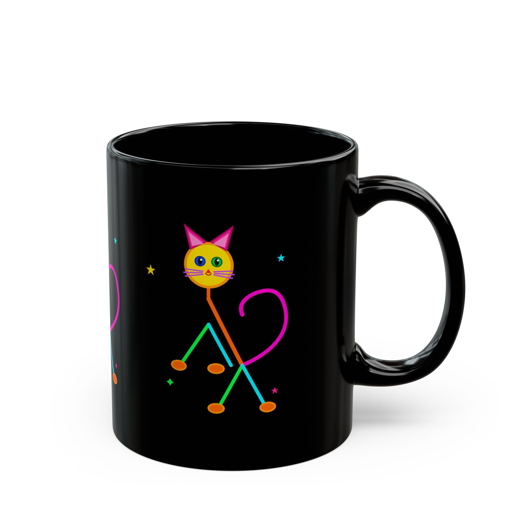 Neon Cat Black Mug — Colorful Retro Cat Coffee Cup (11oz/15oz)