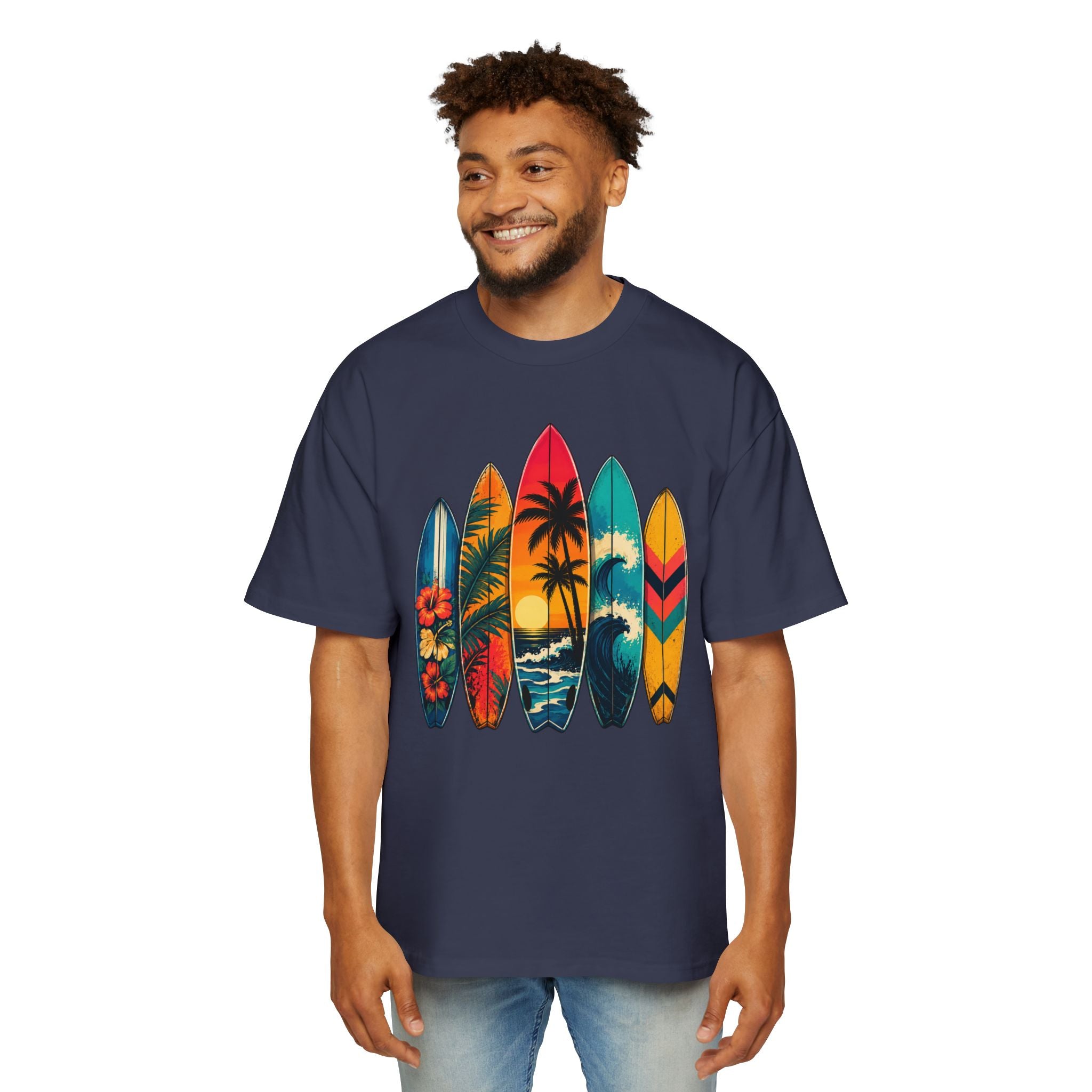 Surfboard Graphic Tee — Vintage Tropical Beach Shirt for Men