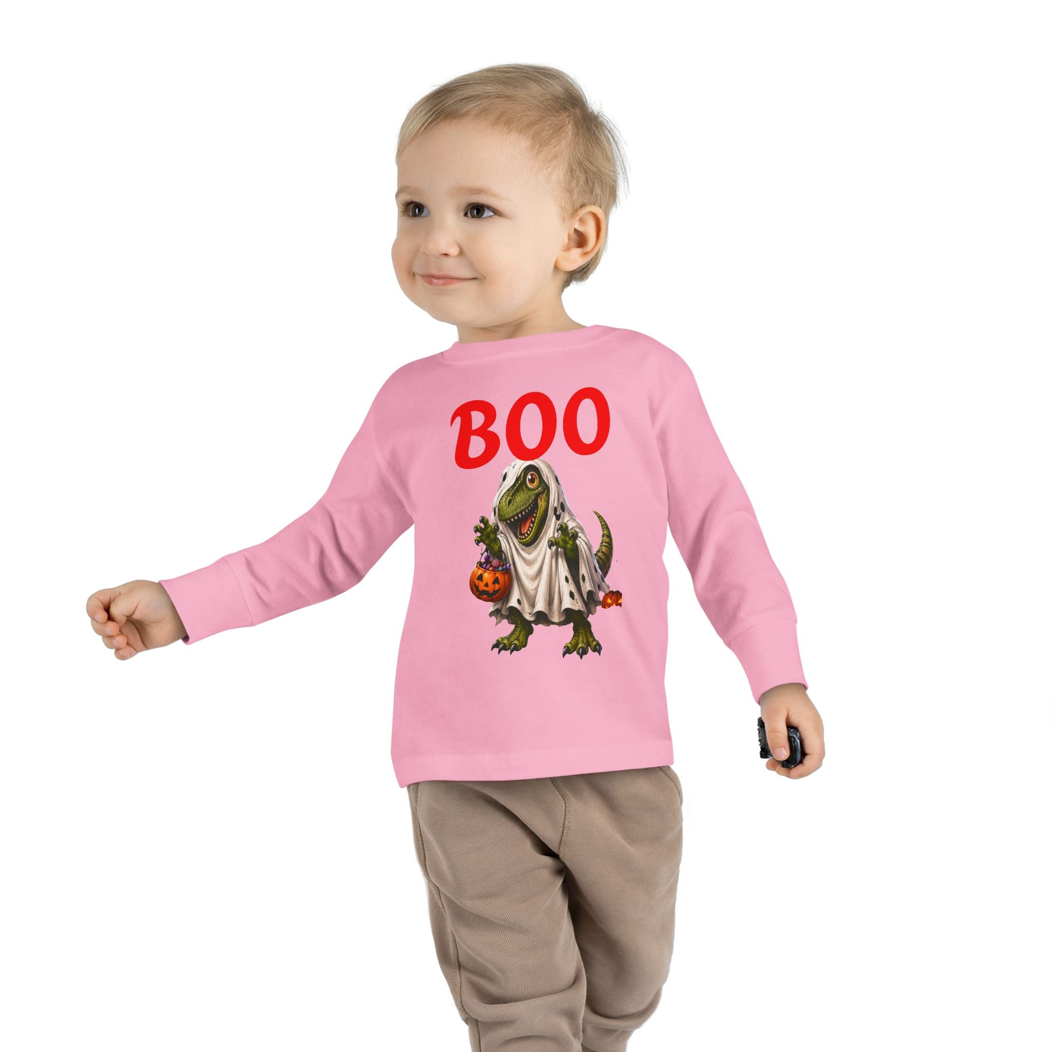 Halloween Toddler Long Sleeve Tee — Cute Dinosaur Ghost "BOO!" Halloween Shirt