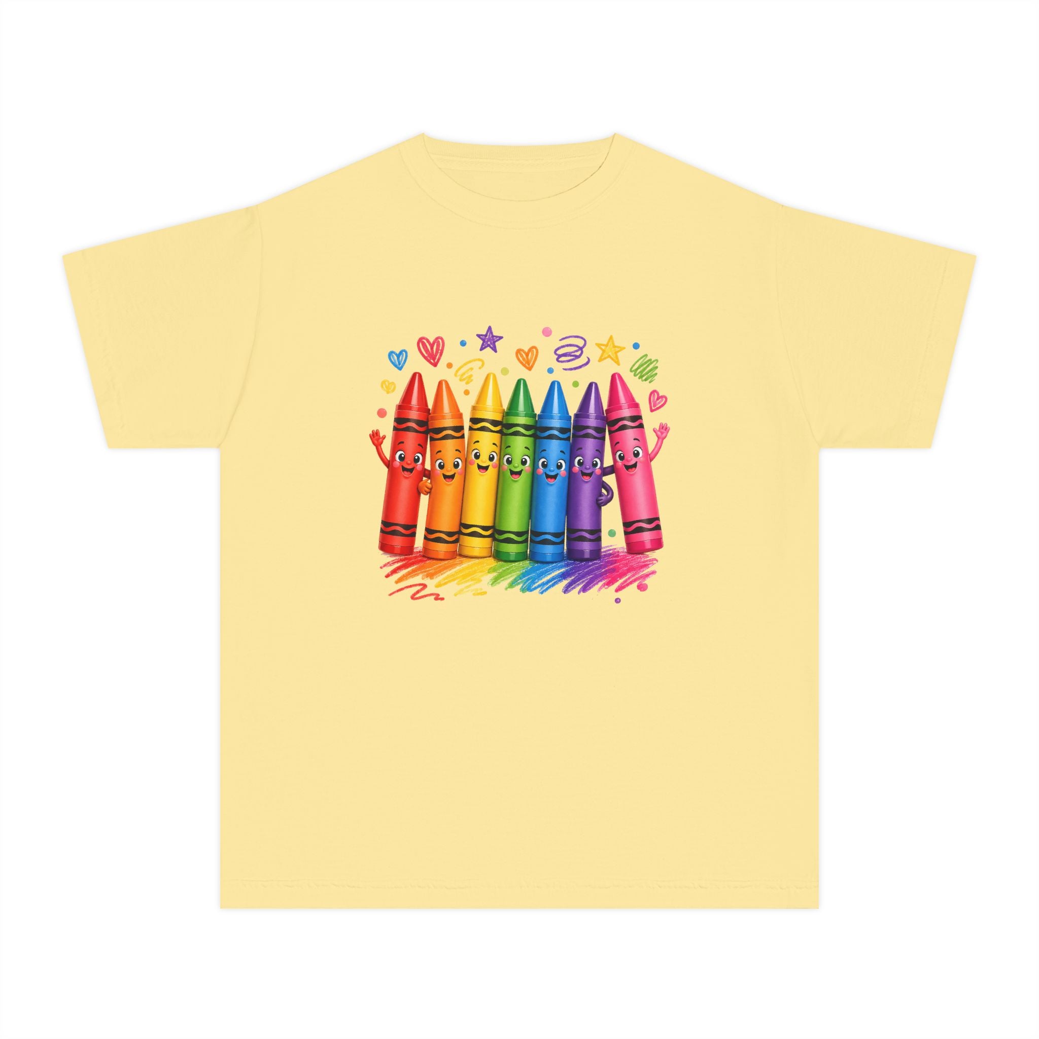 Crayon Crew Kids T‑Shirt — Colorful Rainbow Crayon Friends Tee