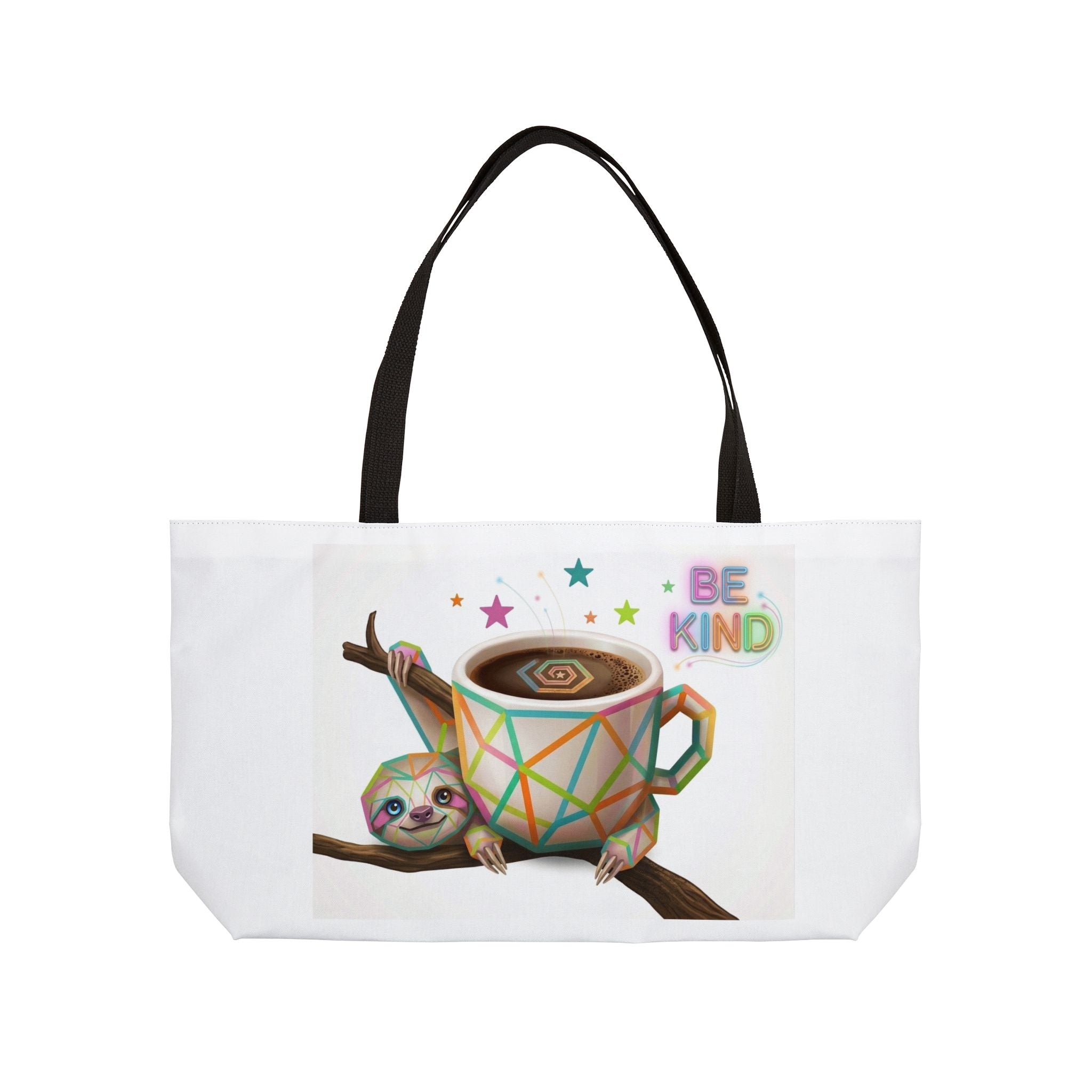 Weekender Tote Bag — Colorful Geometric Sloth "Nice / Be Kind" Travel Tote