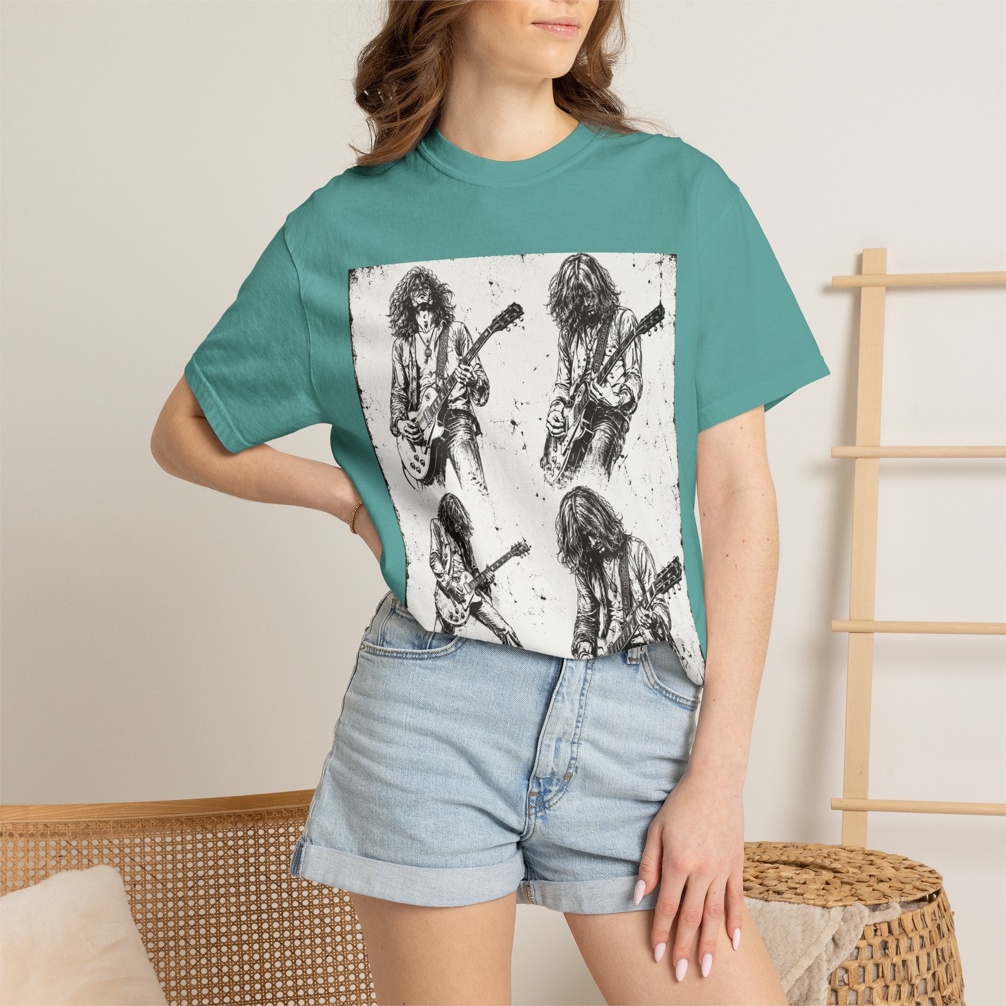 Vintage Rock Guitar T-Shirt — Grunge Band Photo & Les Paul Back Print