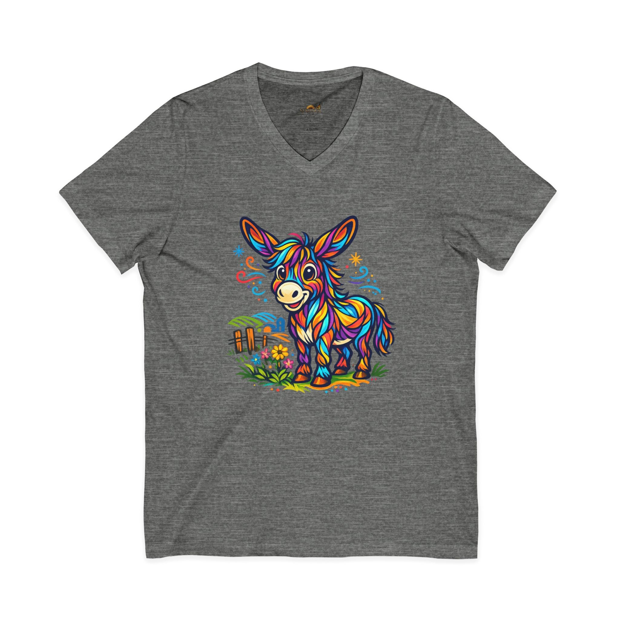 Colorful Donkey V-Neck Tee — Whimsical Farm Animal Graphic Shirt