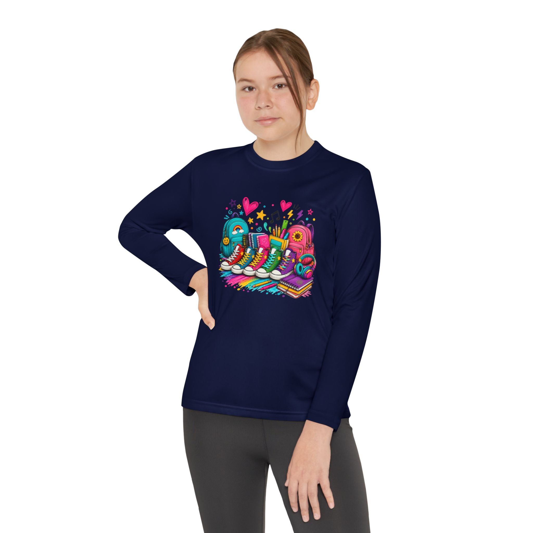 Youth Long Sleeve Tee — Colorful Sneaker Party Graphic
