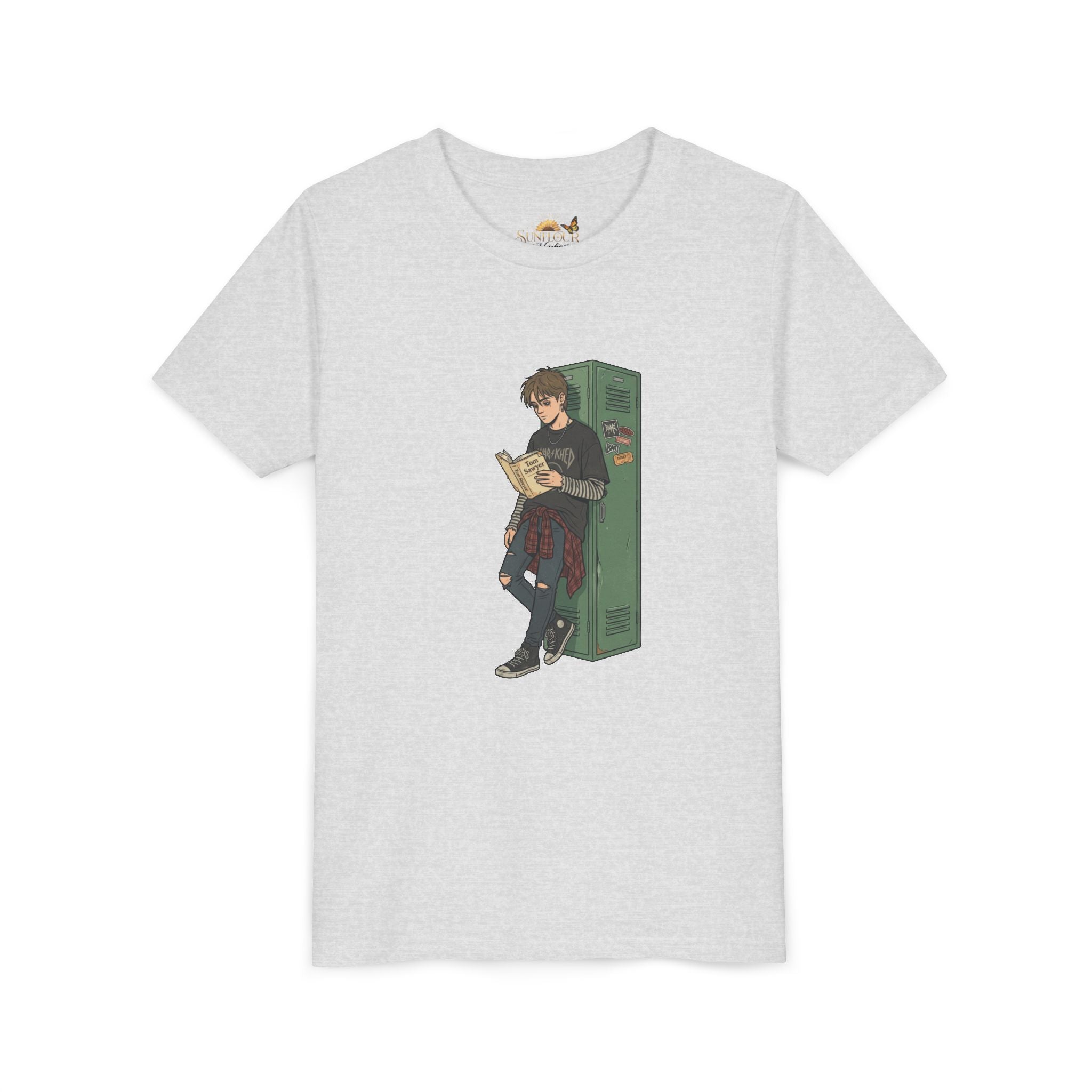 Youth Graphic Tee — Teen Boy Reading by Locker Illustration