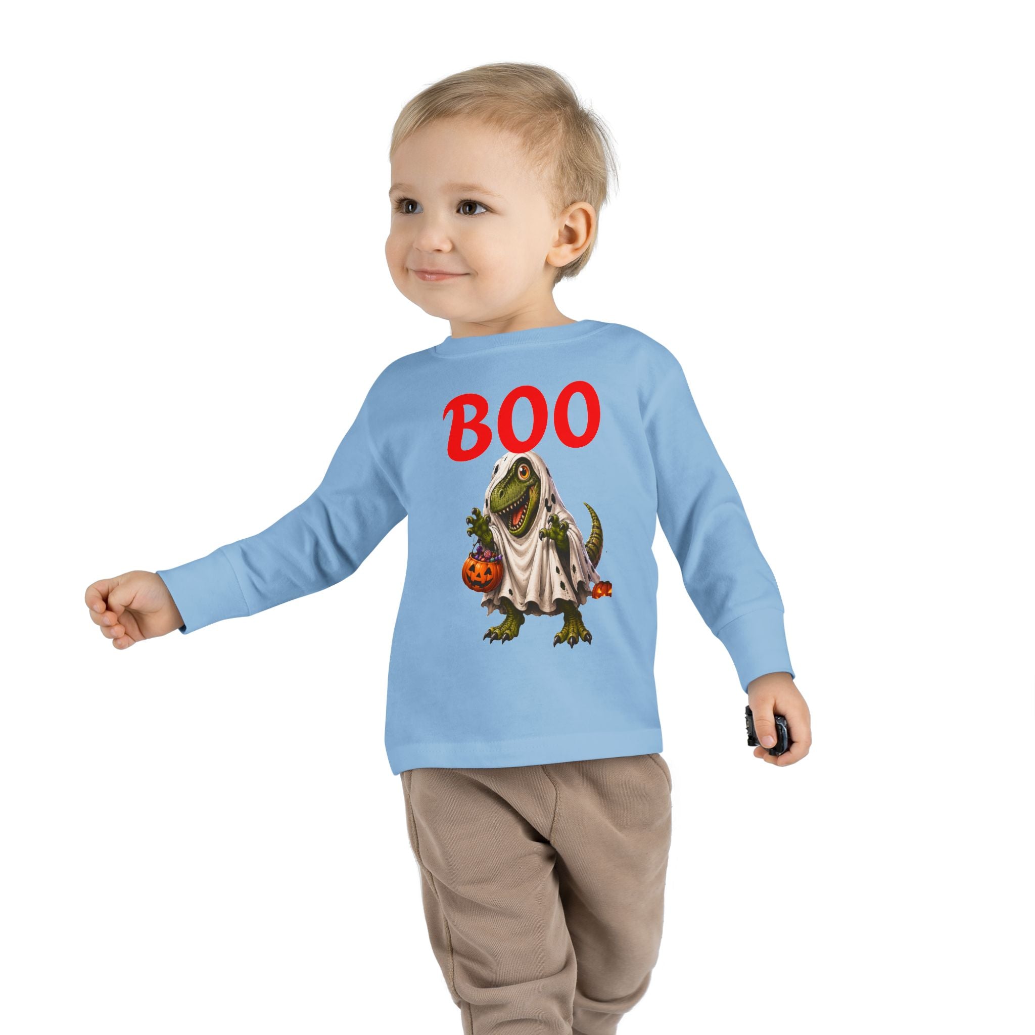 Halloween Toddler Long Sleeve Tee — Cute Dinosaur Ghost "BOO!" Halloween Shirt