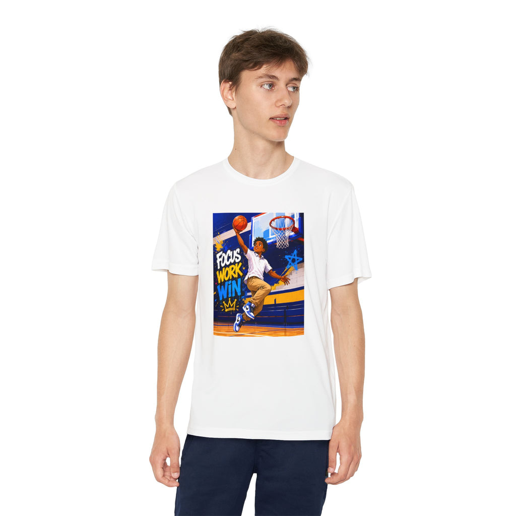 Youth Basketball Tee, Back to School — "Focus Work Win" Personalized Name Jersey