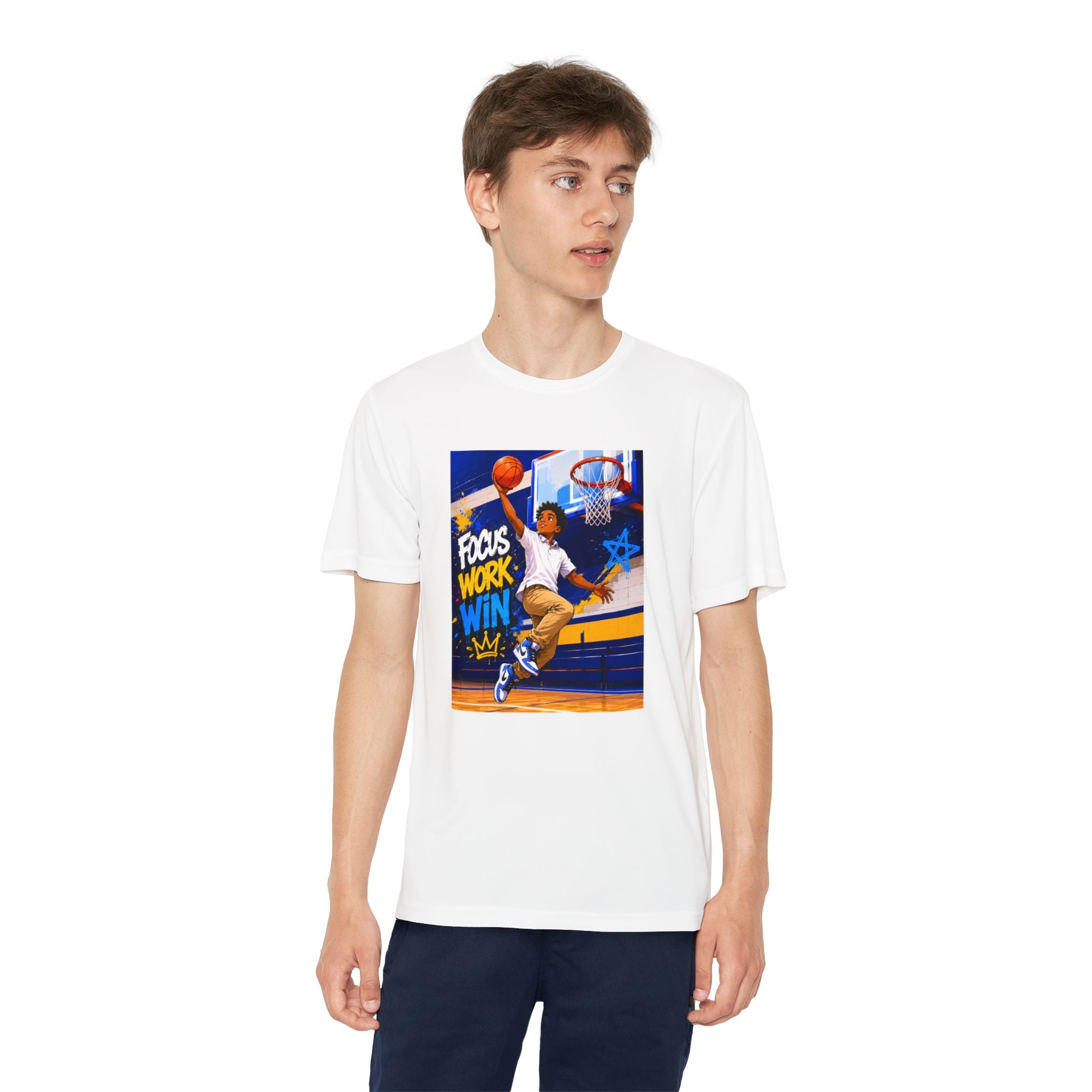 Youth Basketball Tee, Back to School — "Focus Work Win" Personalized Name Jersey