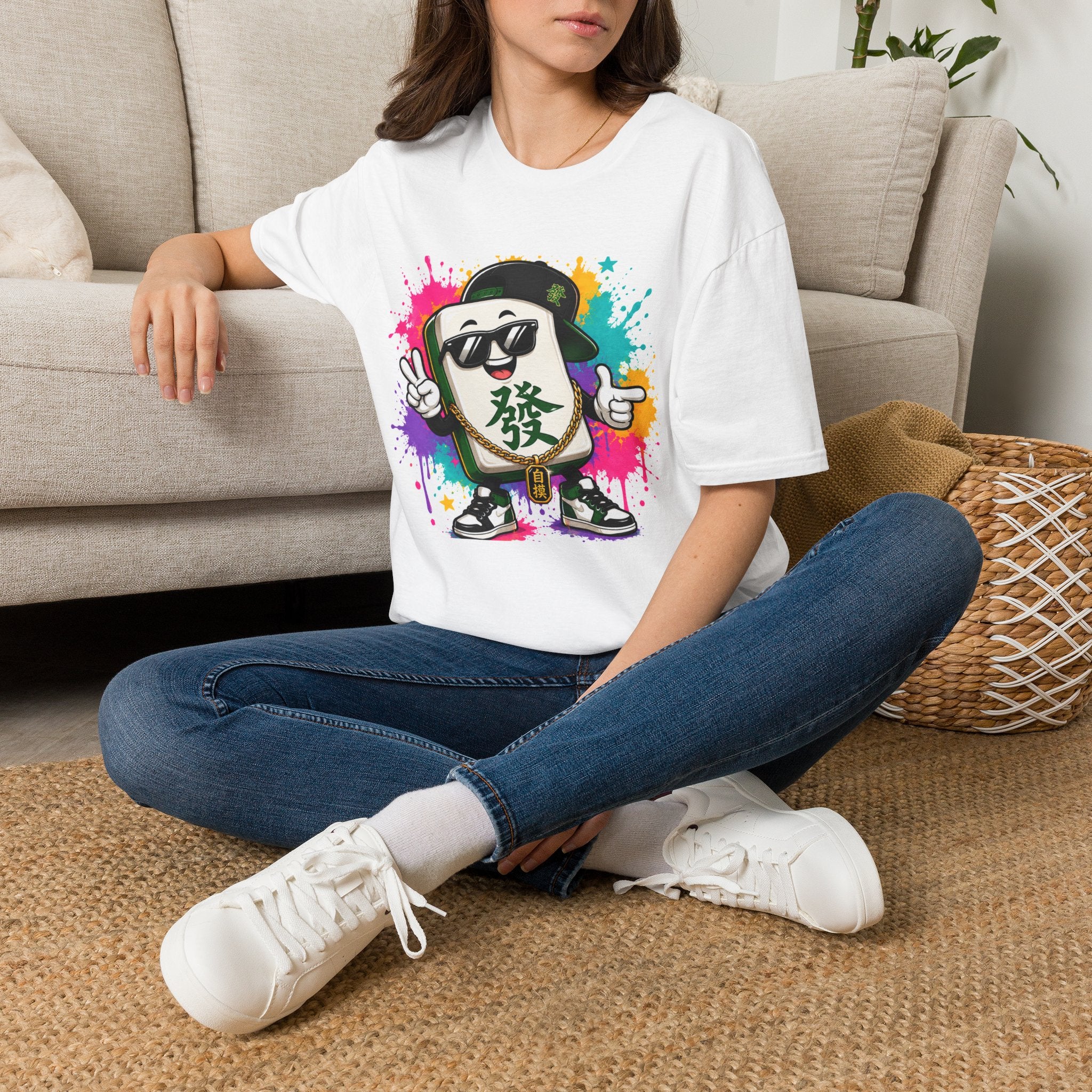 T-Shirt — Street-Style Mahjong Tile Graphic Tee (發 Character)