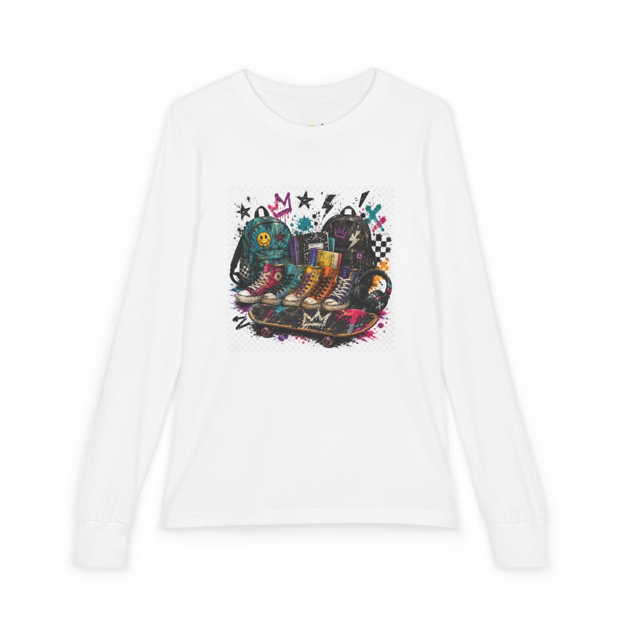 Youth Long Sleeve Tee — Colorful Skateboard & Sneakers Graphic