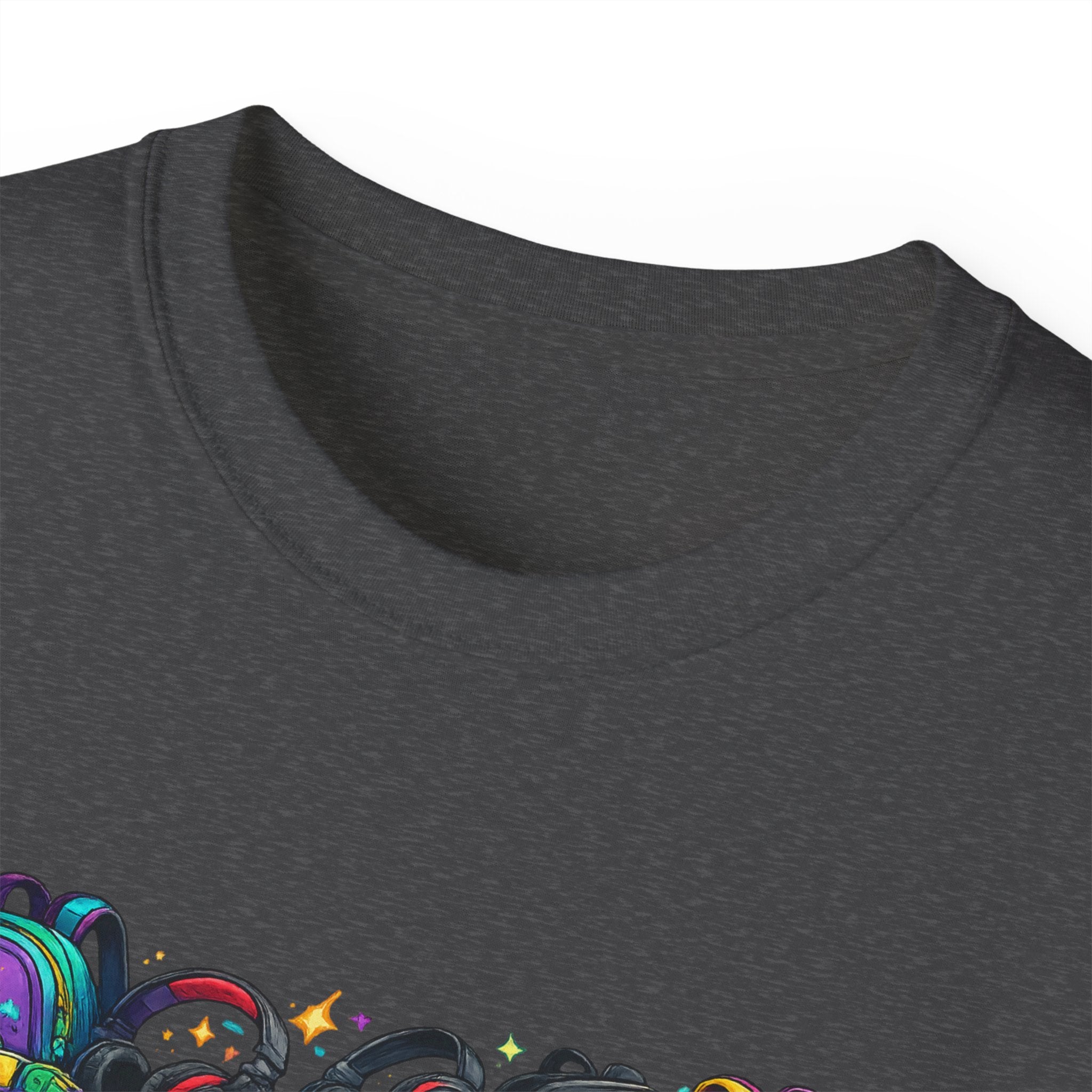 Colorful Sneaker Stack Tee — Graphic Shoe & Backpack Illustration T‑Shirt