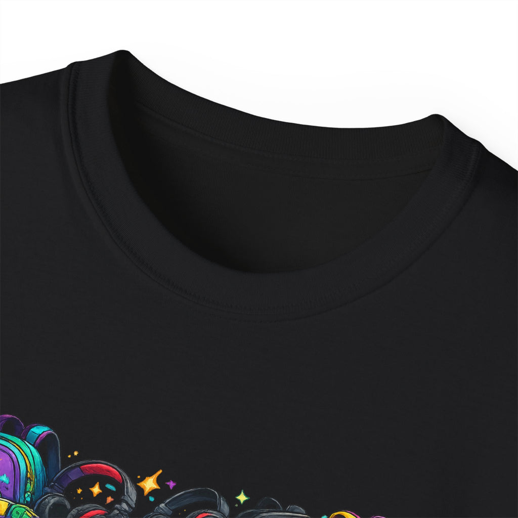 Colorful Sneaker Stack Tee — Graphic Shoe & Backpack Illustration T‑Shirt