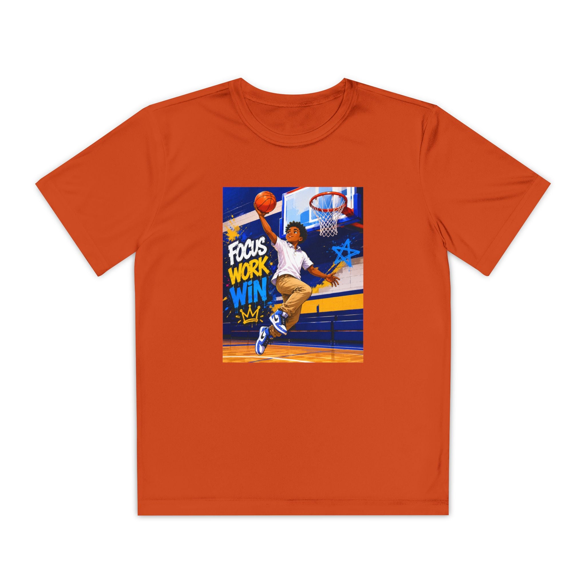 Youth Basketball Tee, Back to School — "Focus Work Win" Personalized Name Jersey