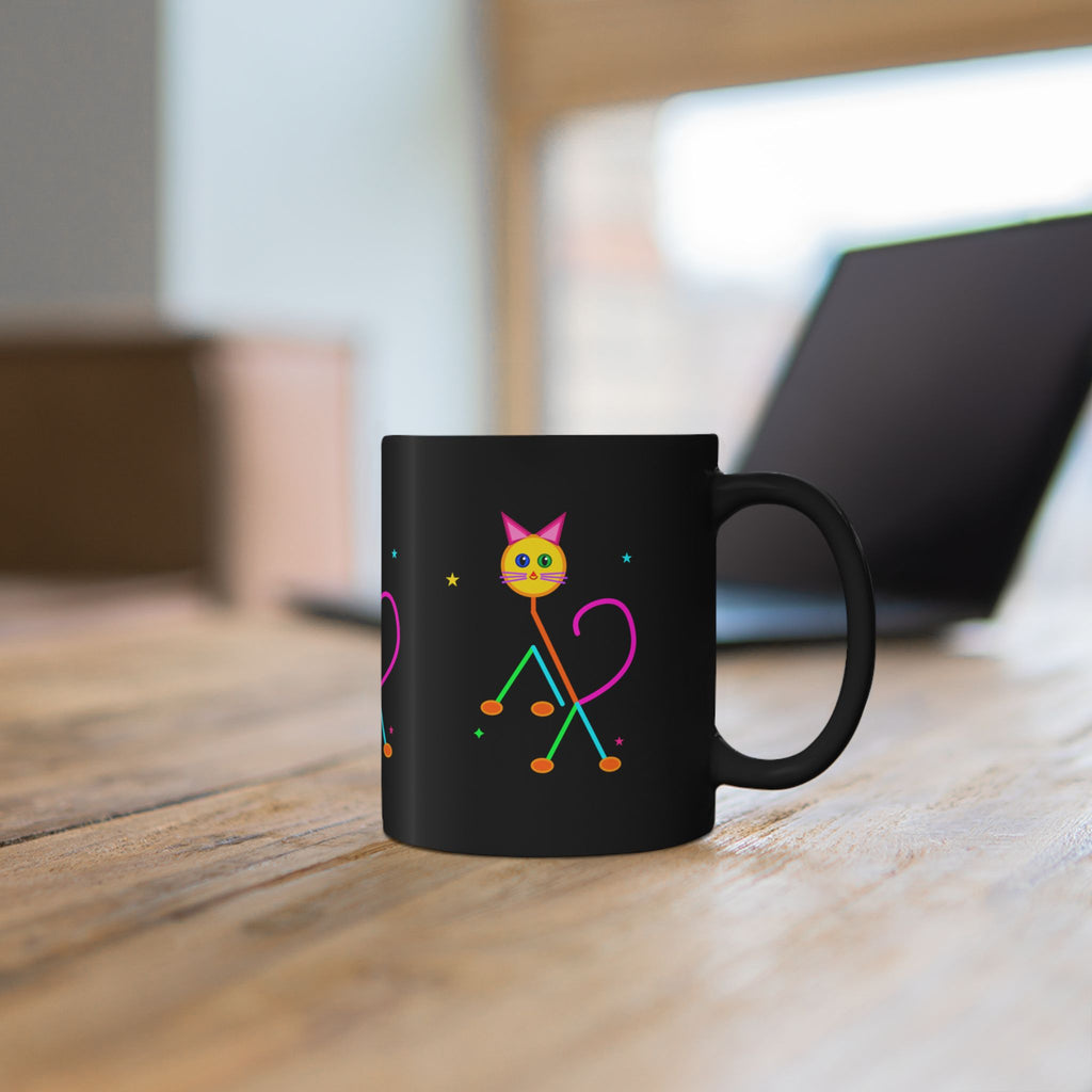 Neon Cat Black Mug — Colorful Retro Cat Coffee Cup (11oz/15oz)