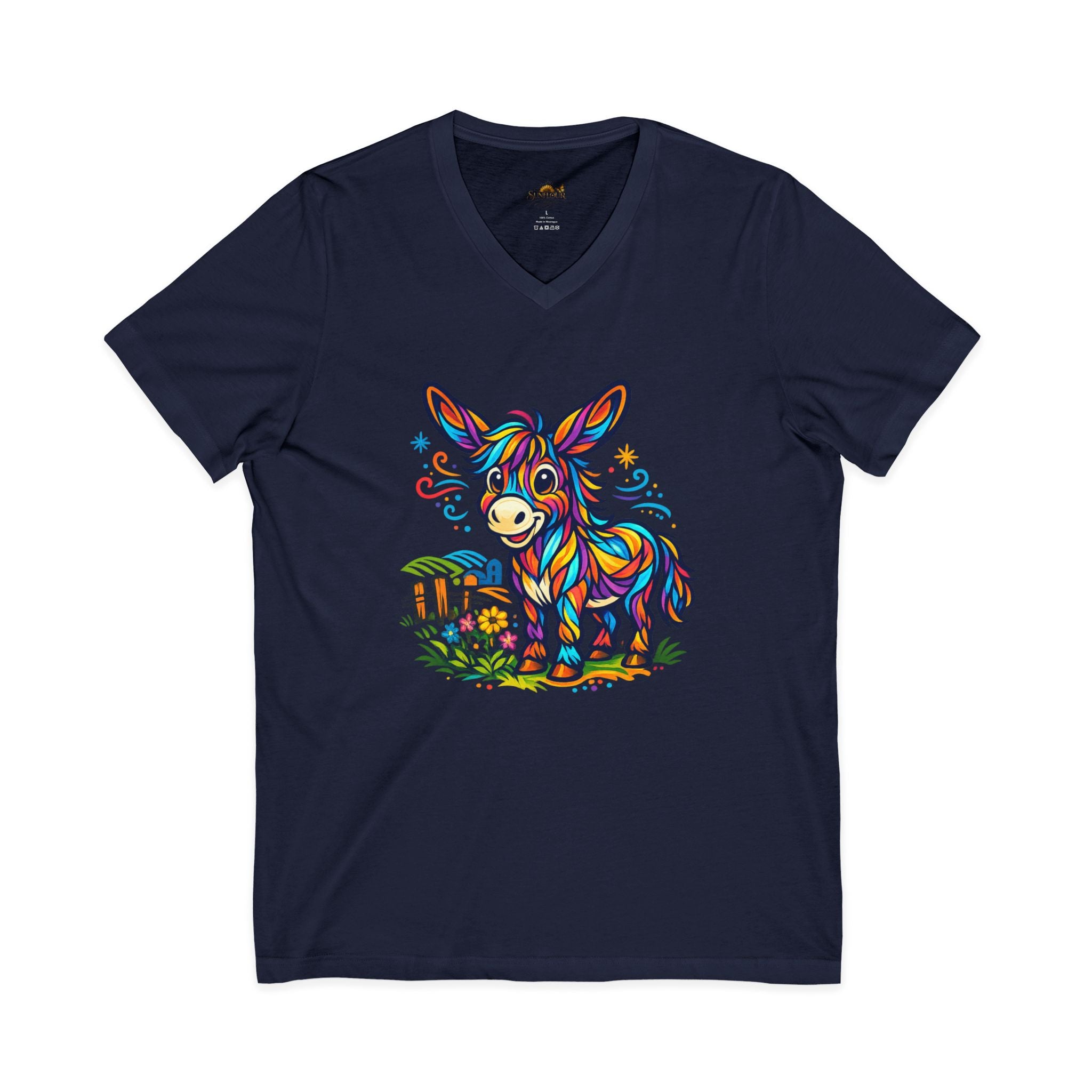 Colorful Donkey V-Neck Tee — Whimsical Farm Animal Graphic Shirt