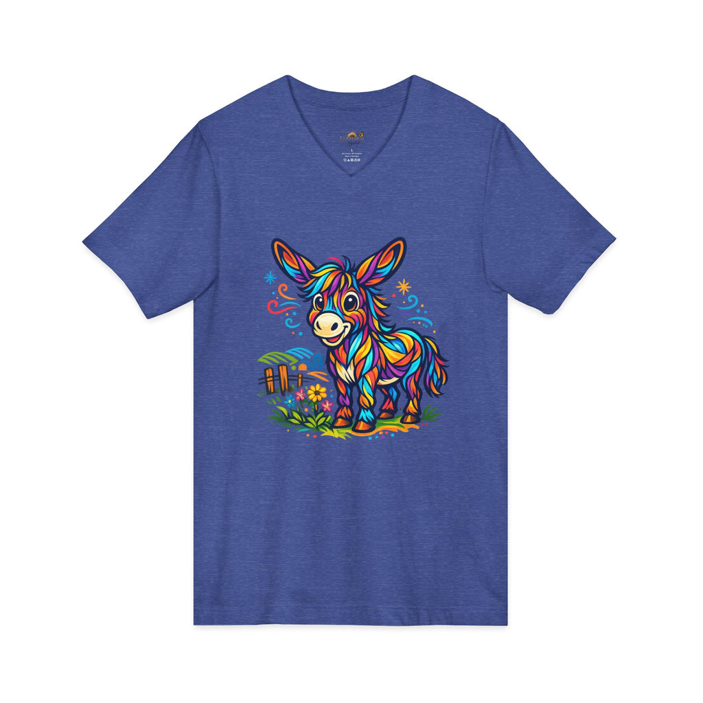 Colorful Donkey V-Neck Tee — Whimsical Farm Animal Graphic Shirt