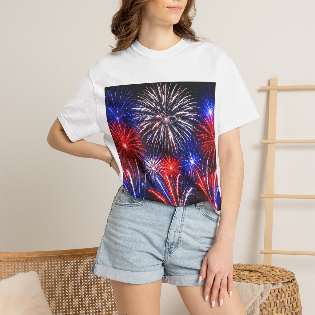 Fireworks Celebration T-Shirt — Red, White & Blue Festival Graphic