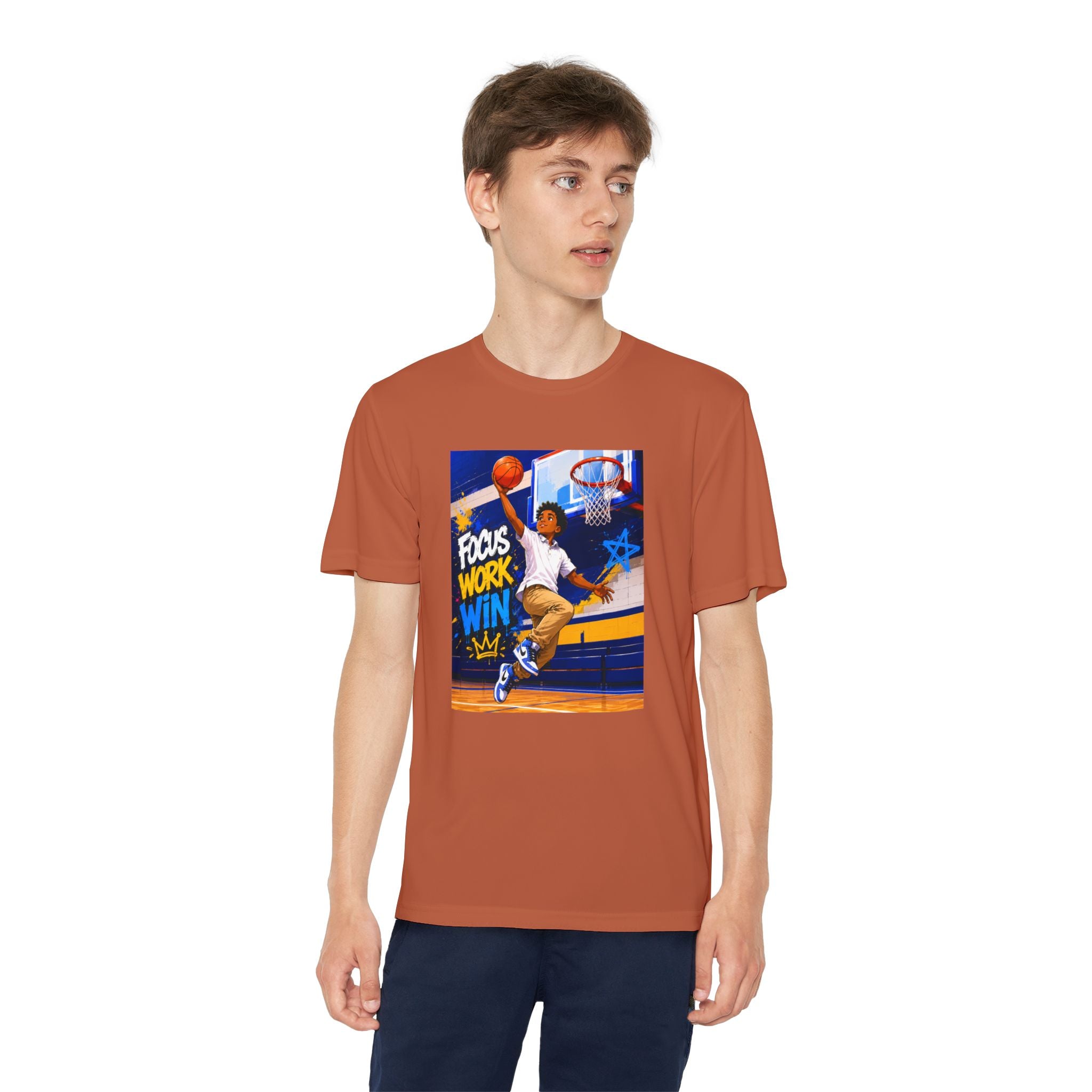 Youth Basketball Tee, Back to School — "Focus Work Win" Personalized Name Jersey