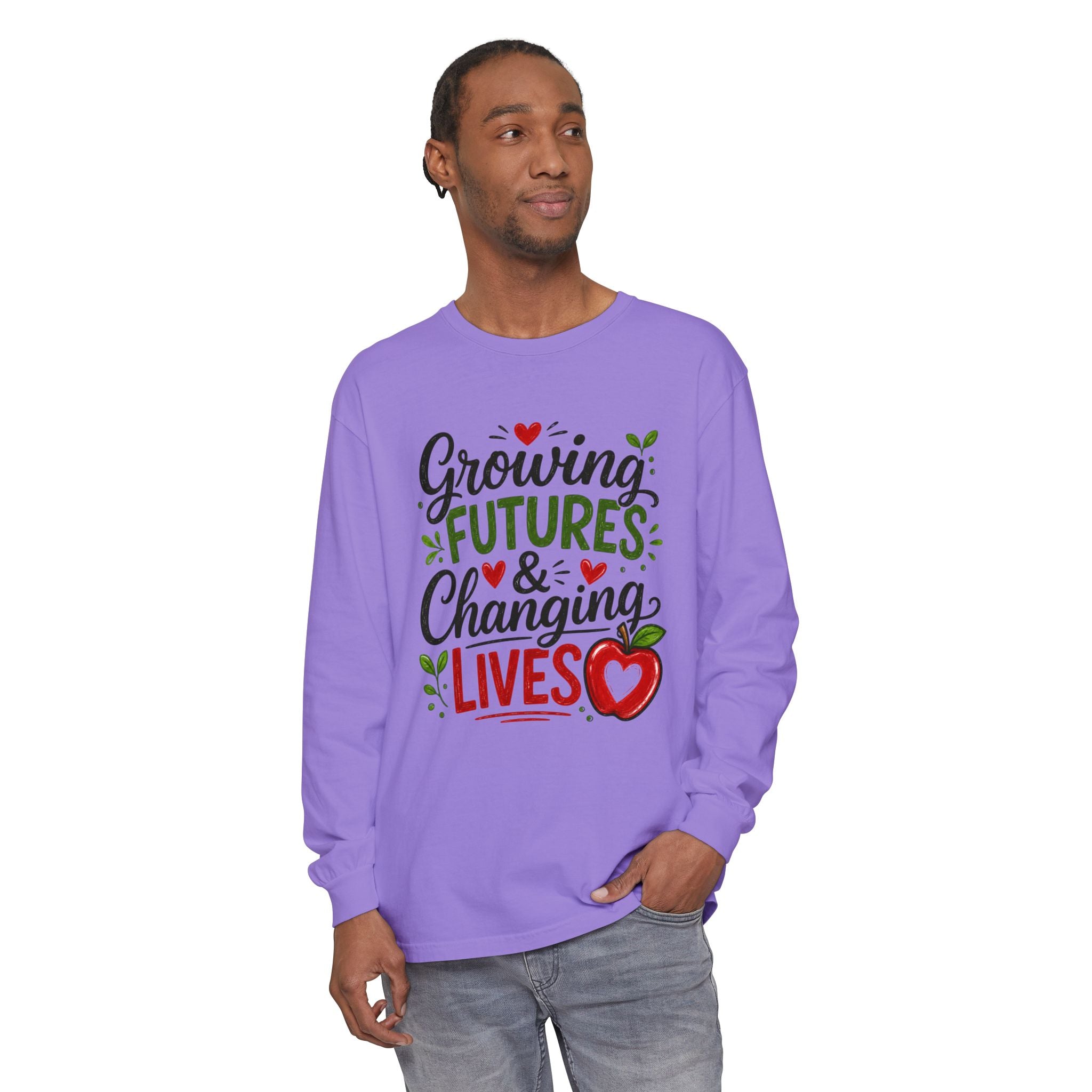 Growing Futures & Changing Lives Long Sleeve Tee — Teacher Appreciation Apple Design