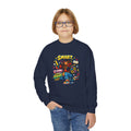 Youth Crewneck Sweatshirt — "Smart, Strong & Brave" Colorful Skateboard Graphic
